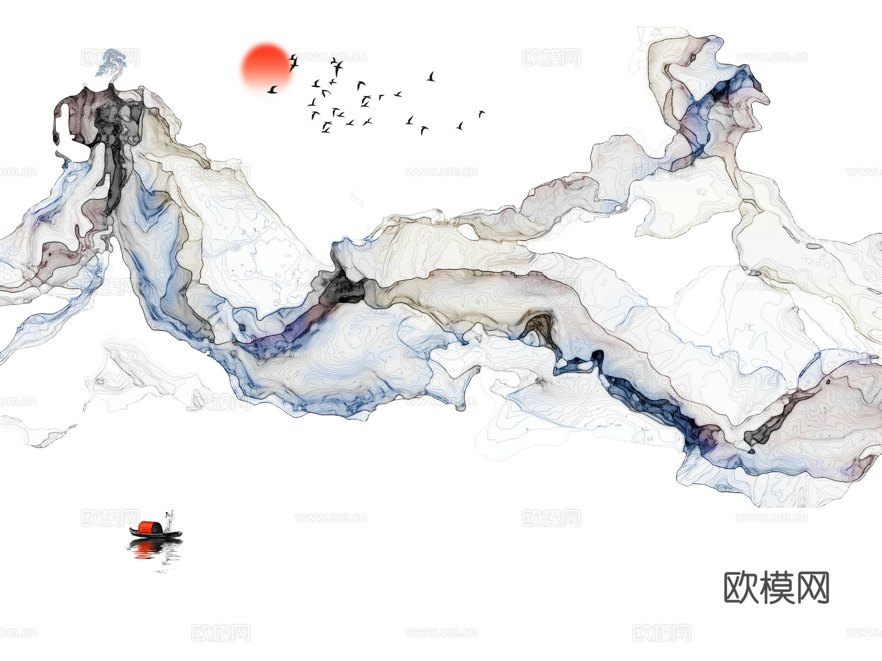 中式新中式抽象建筑壁纸壁画装饰画