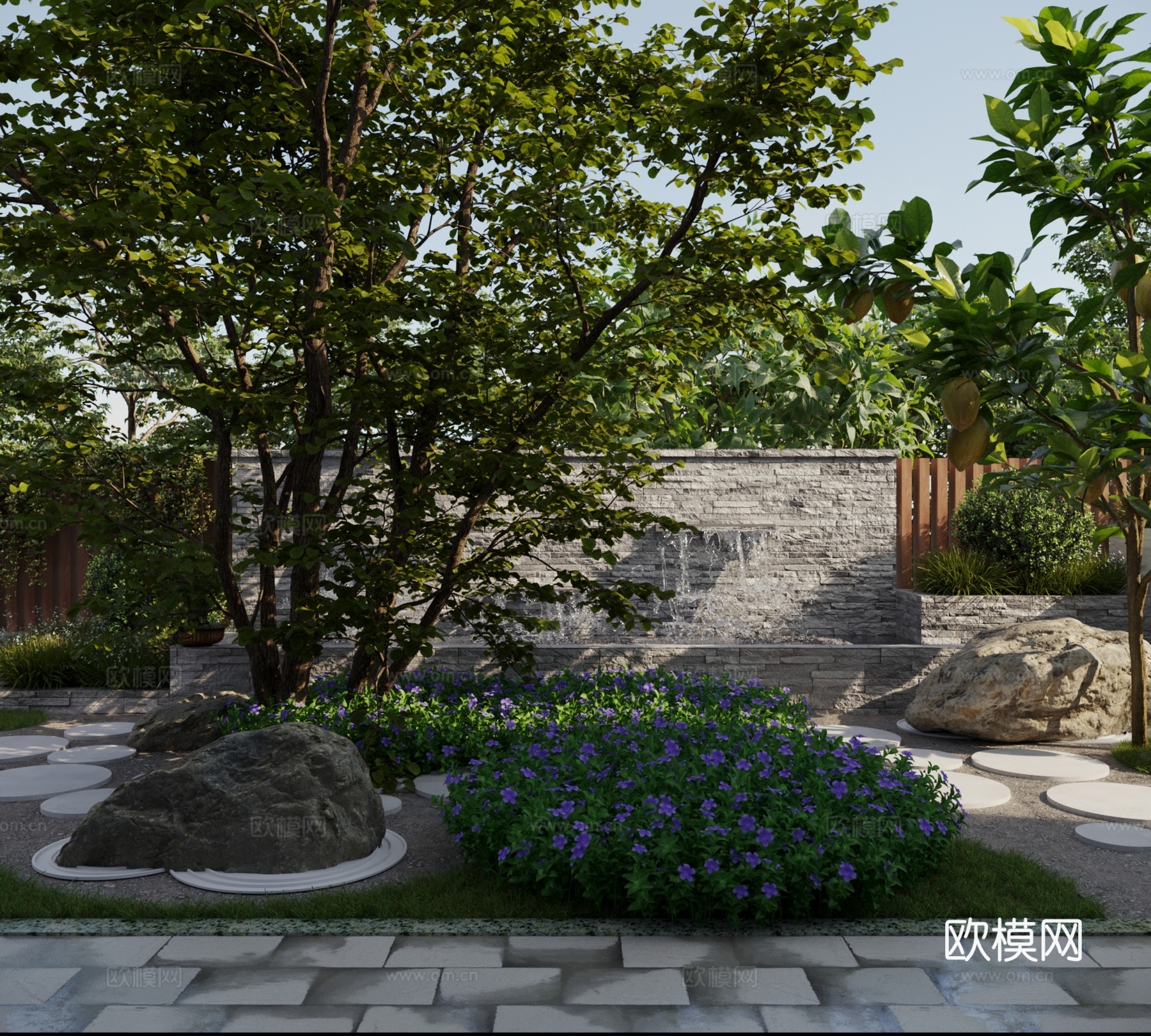 现代别墅庭院 花园景墙 景墙围墙 禅意山水景观 叠水景墙 砾3d模型下载
