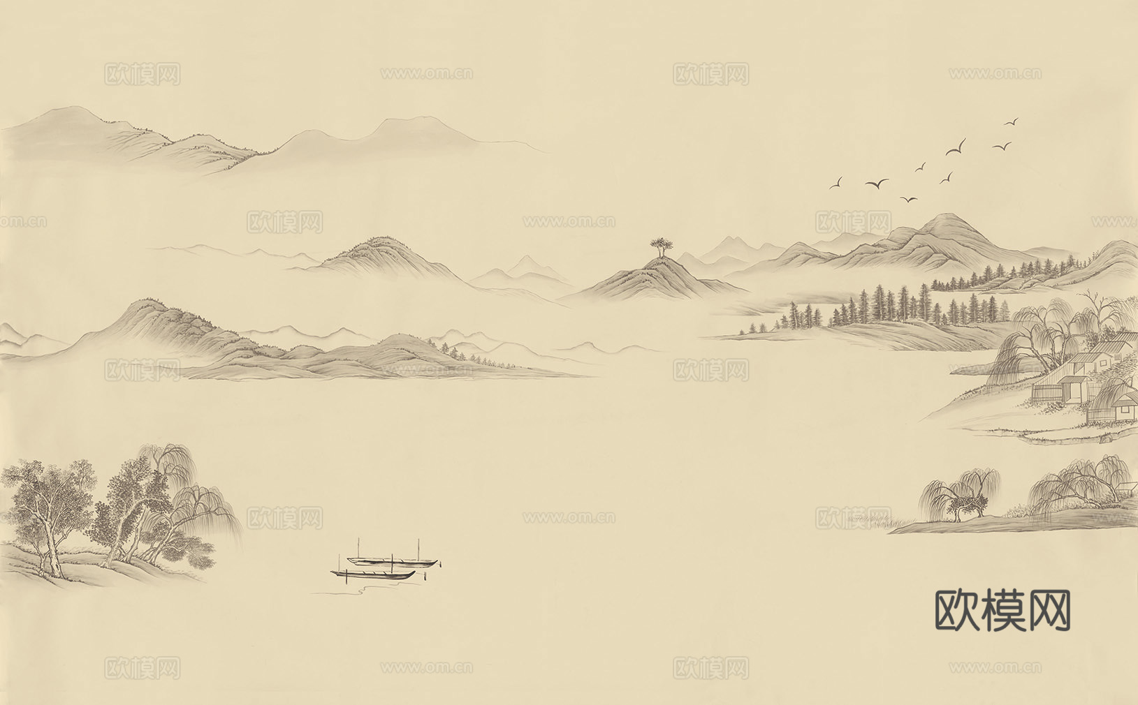 中式山水水墨画壁纸壁画装饰画