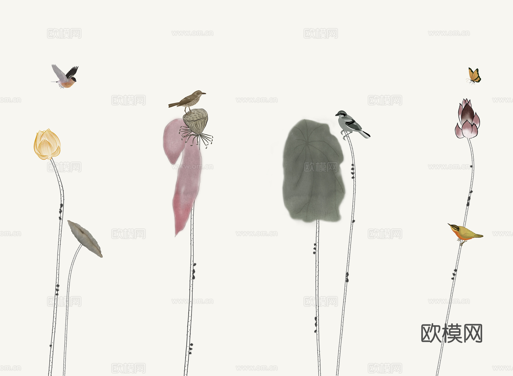 中式新中式花鸟植物壁纸壁画下载