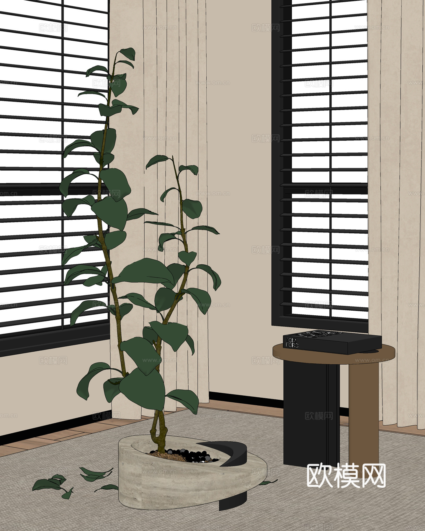 中古盆栽盆景 绿植 花盆 大叶植物su模型