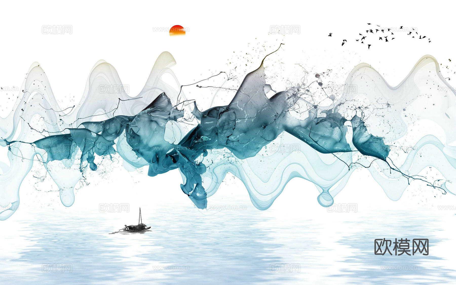 中式新中式抽象建筑壁纸壁画装饰画