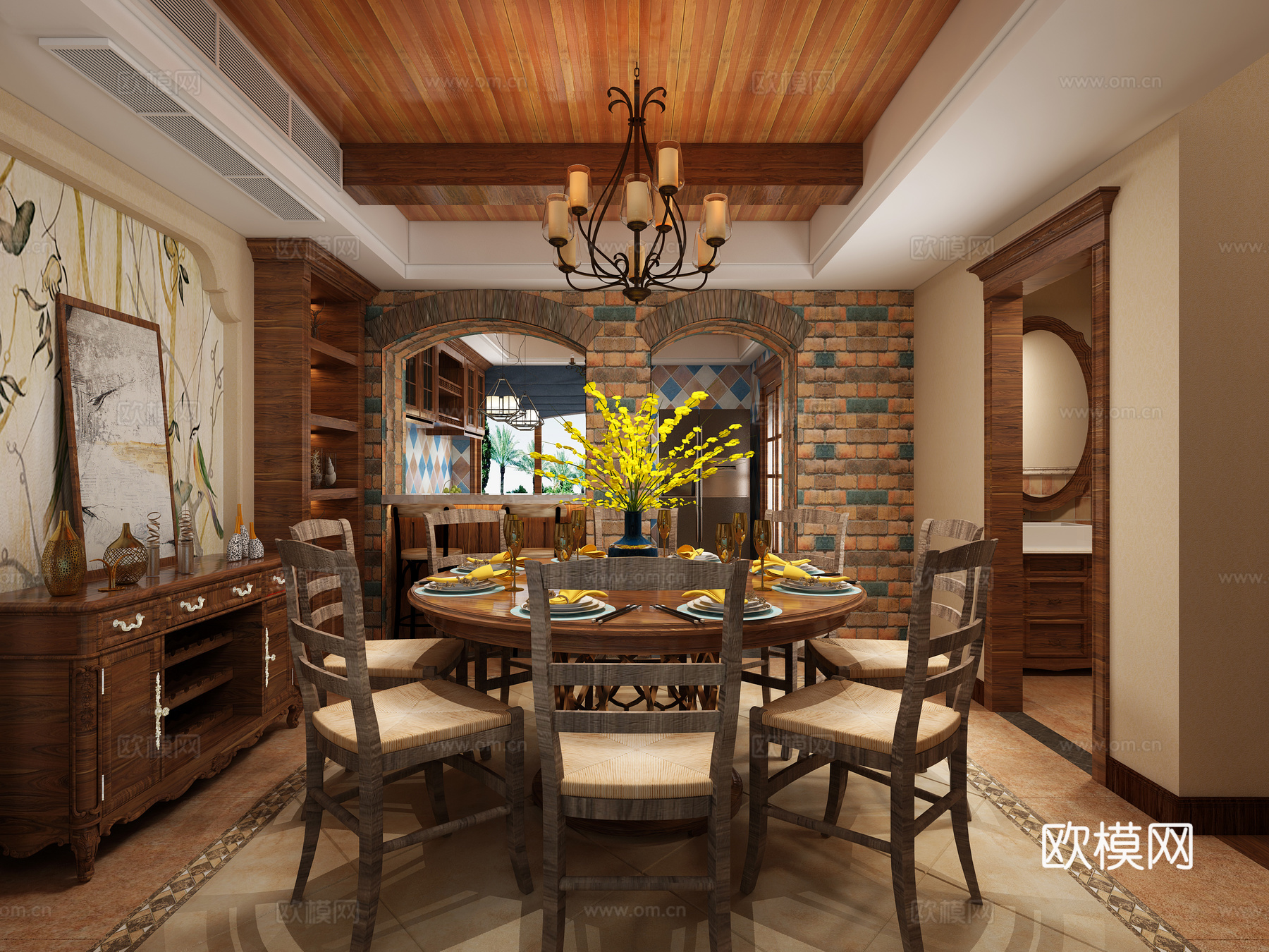 美式餐厅餐边柜厨房餐桌椅吊灯3d模型下载