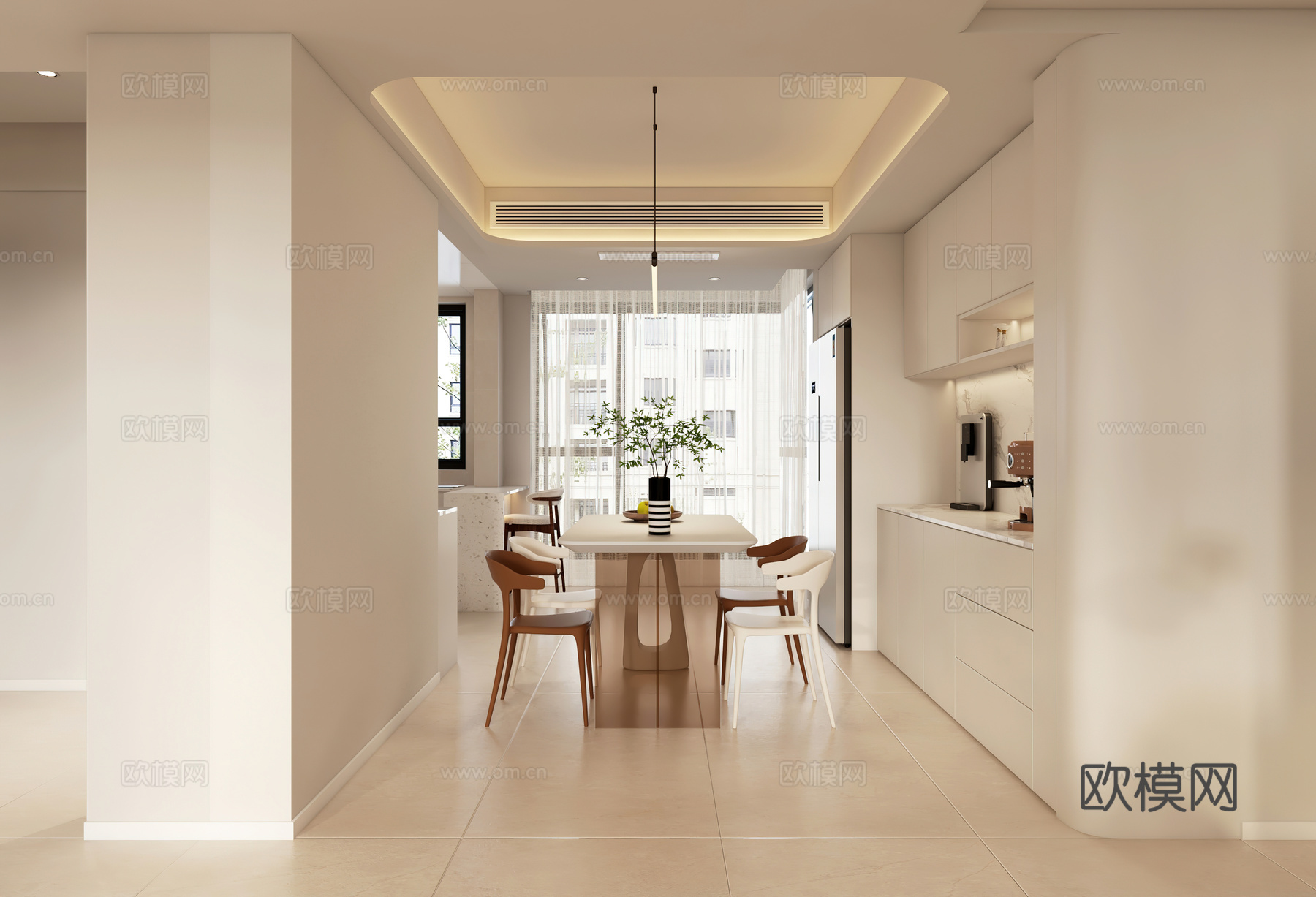 奶油风客餐厅 开放厨房3d模型