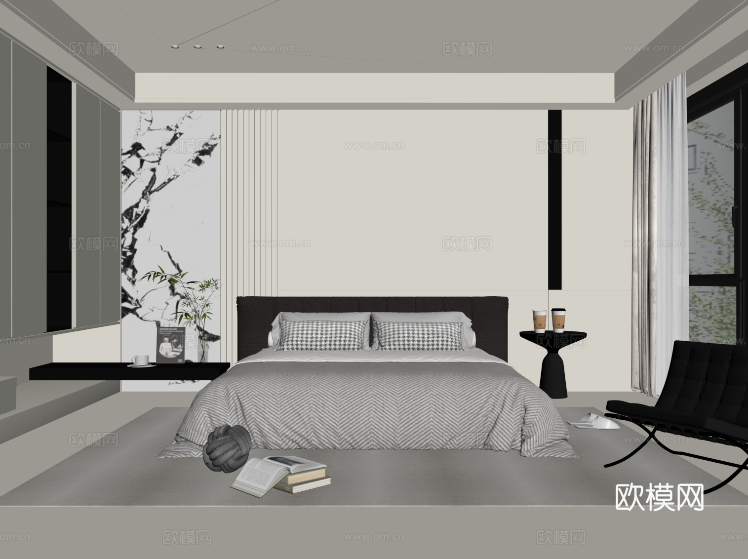 现代极简卧室 主卧 双人床 衣柜su模型