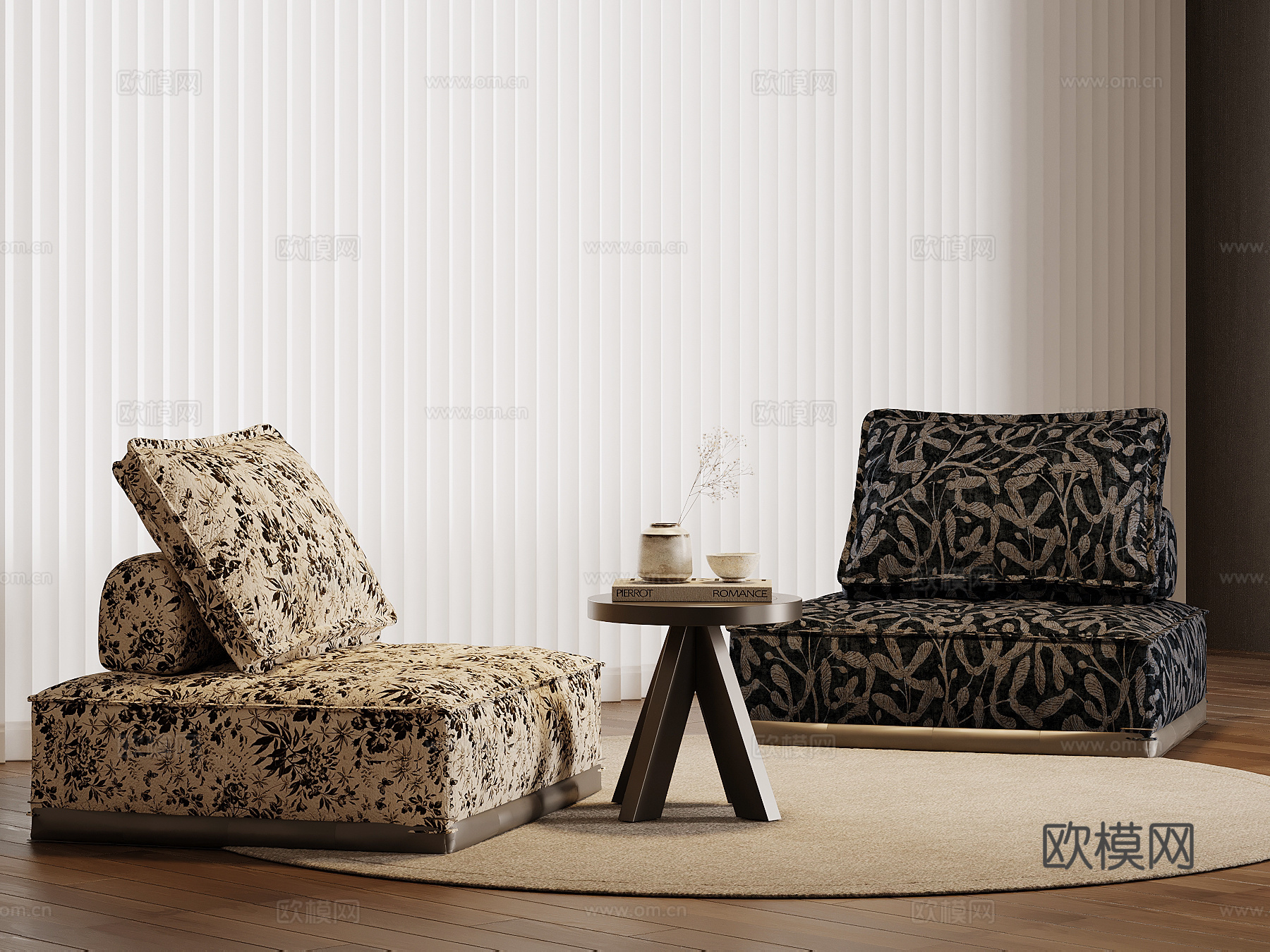 现代中古风懒人沙发 休闲布艺沙发su模型