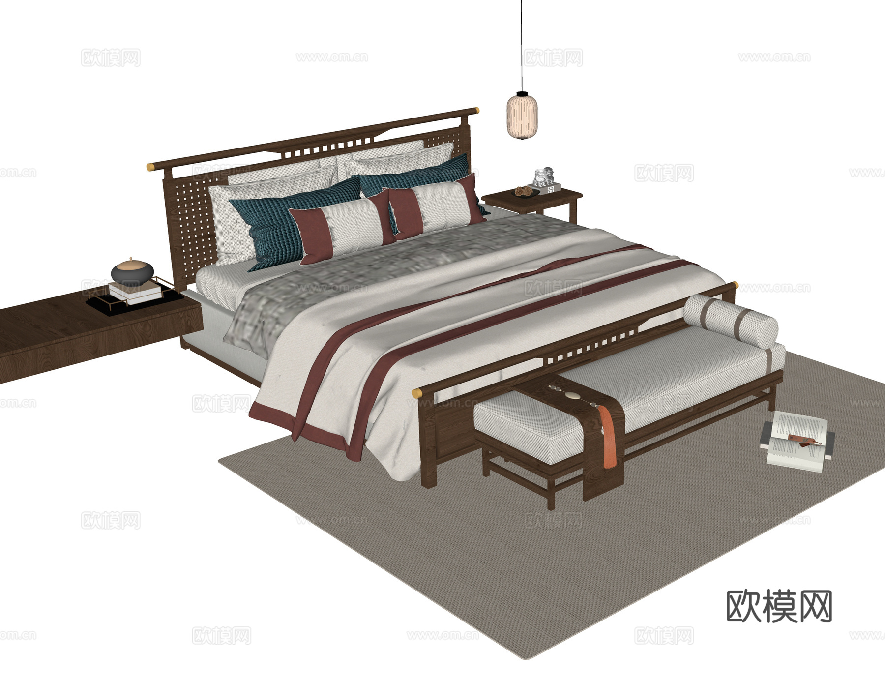 新中式双人床 床尾凳su模型