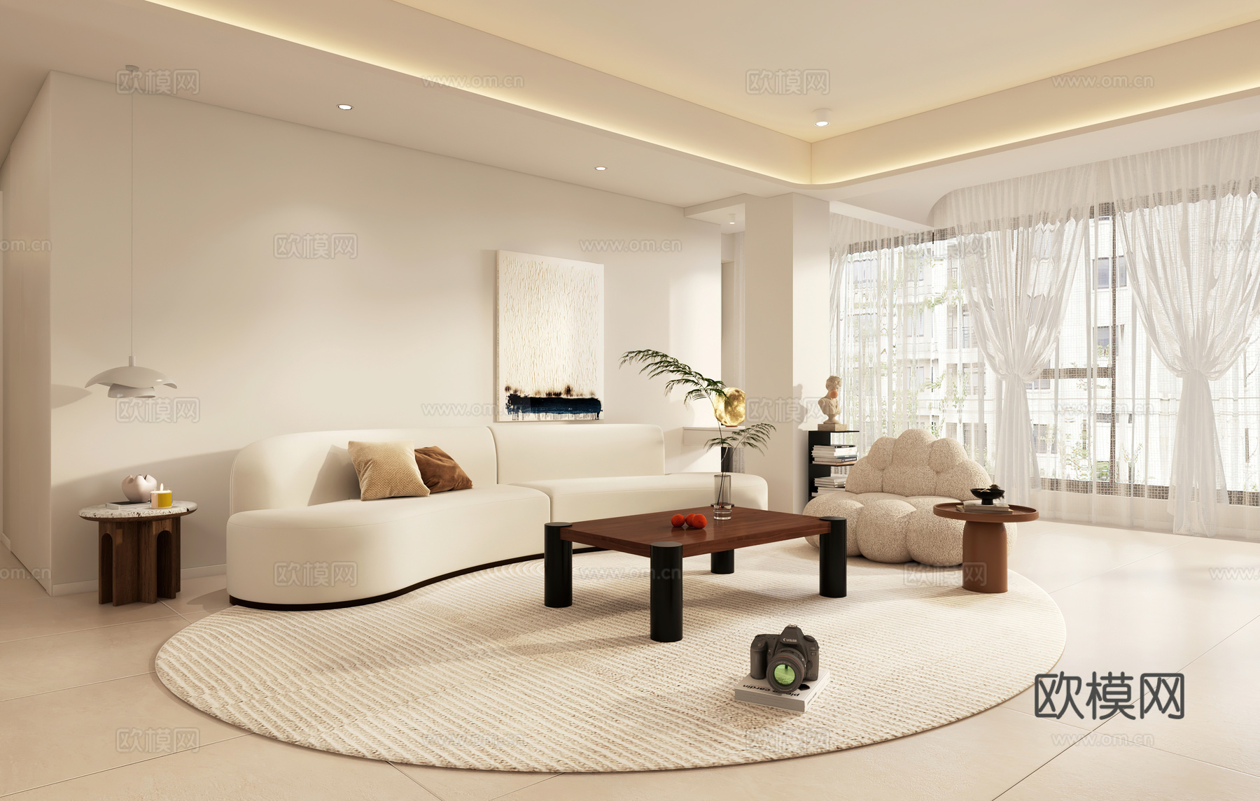 奶油风客餐厅 开放厨房3d模型