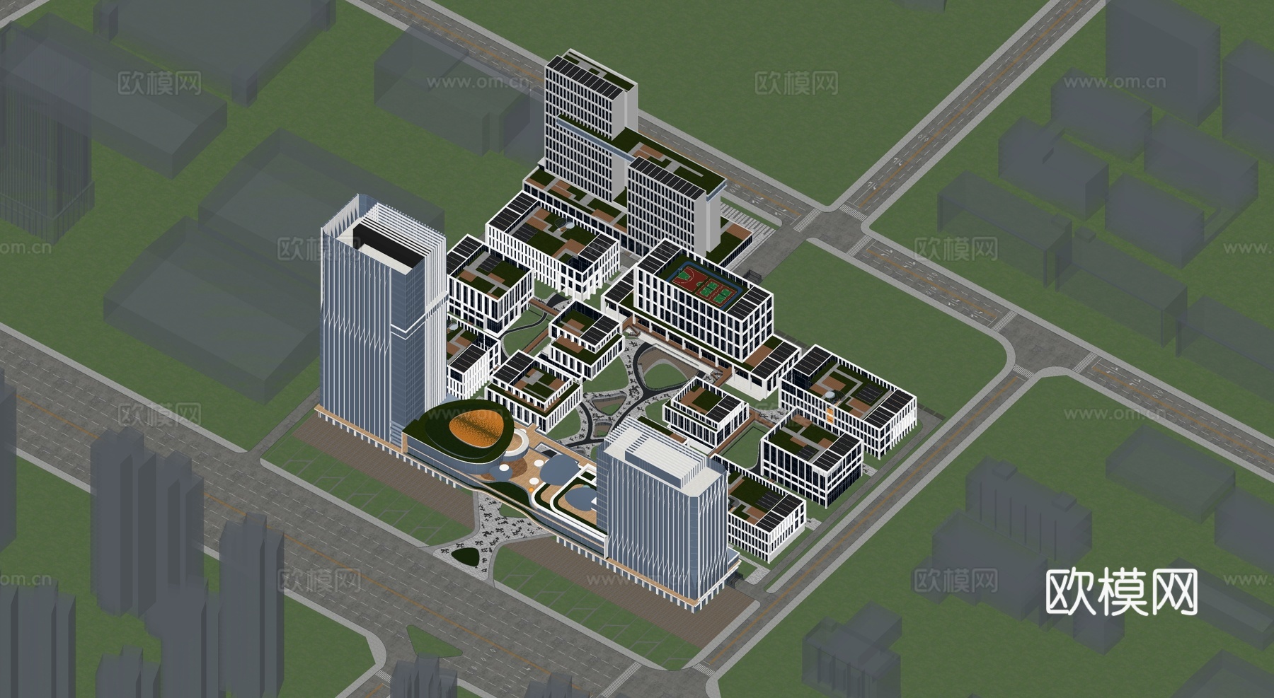 现代智能制造产业园 办公楼建筑 工业研发厂房su模型