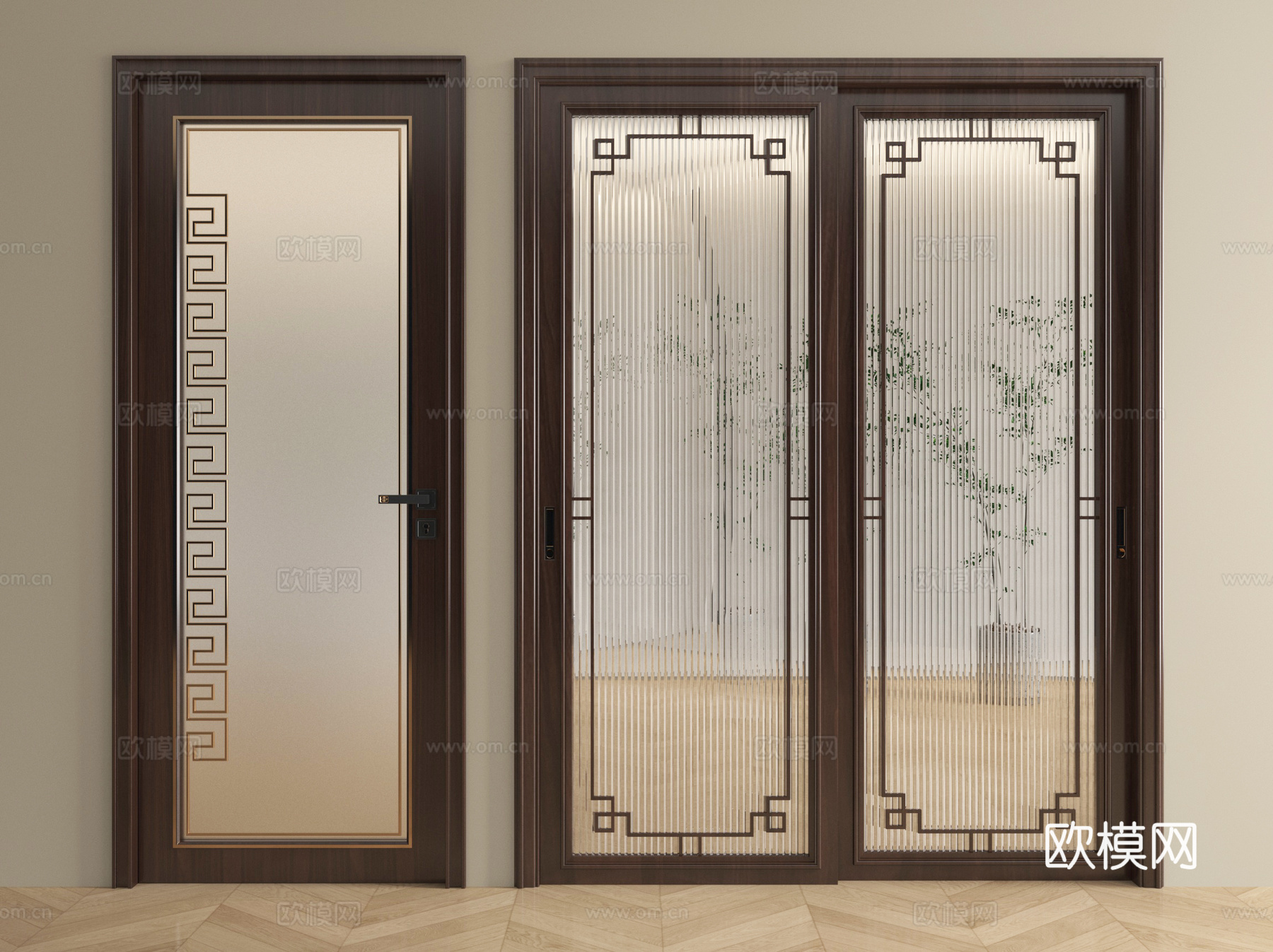 新中式长虹玻璃门 平开门 推拉门 厨卫门 阳台门su模型