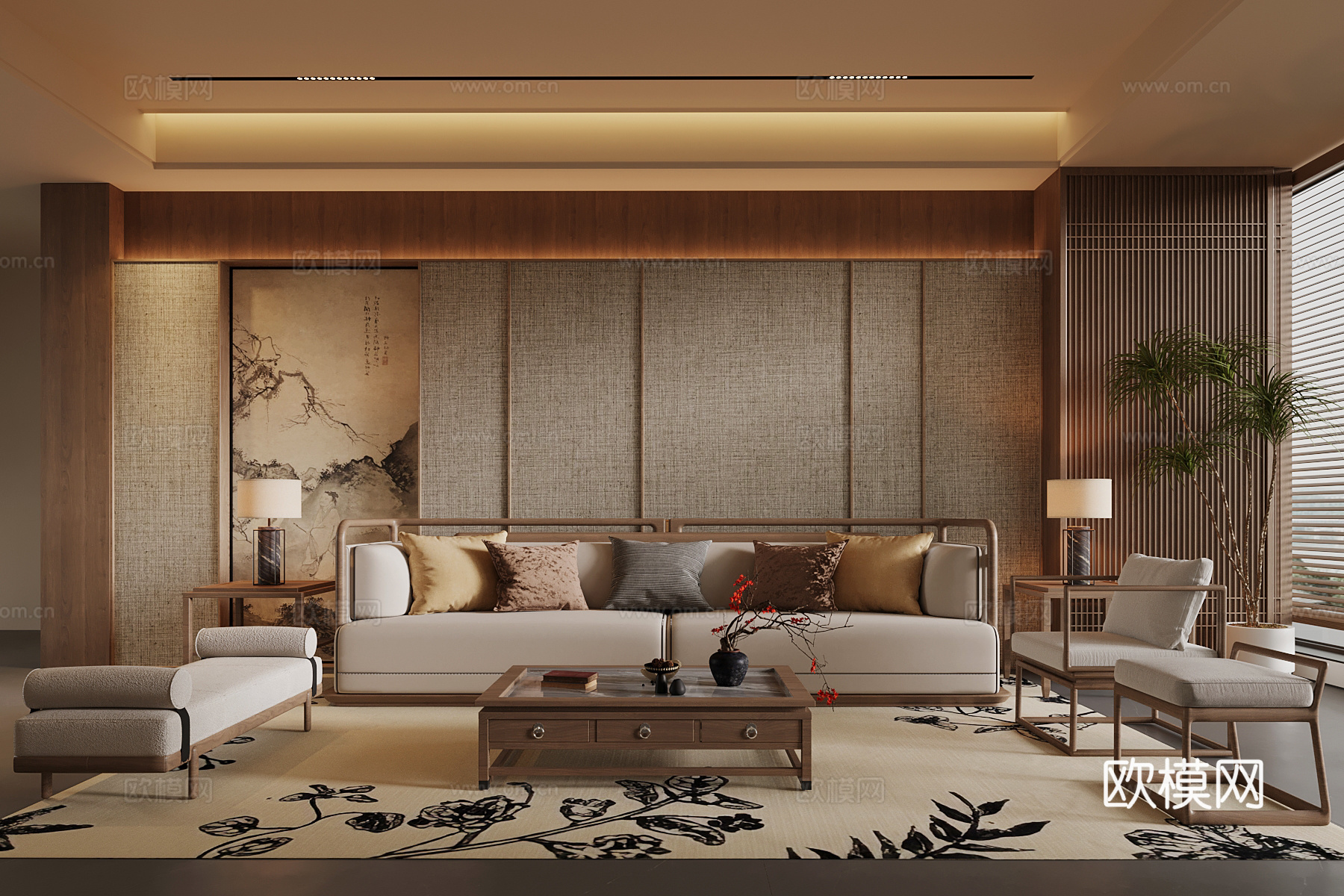 新中式客厅 背景墙 沙发茶几组合su模型