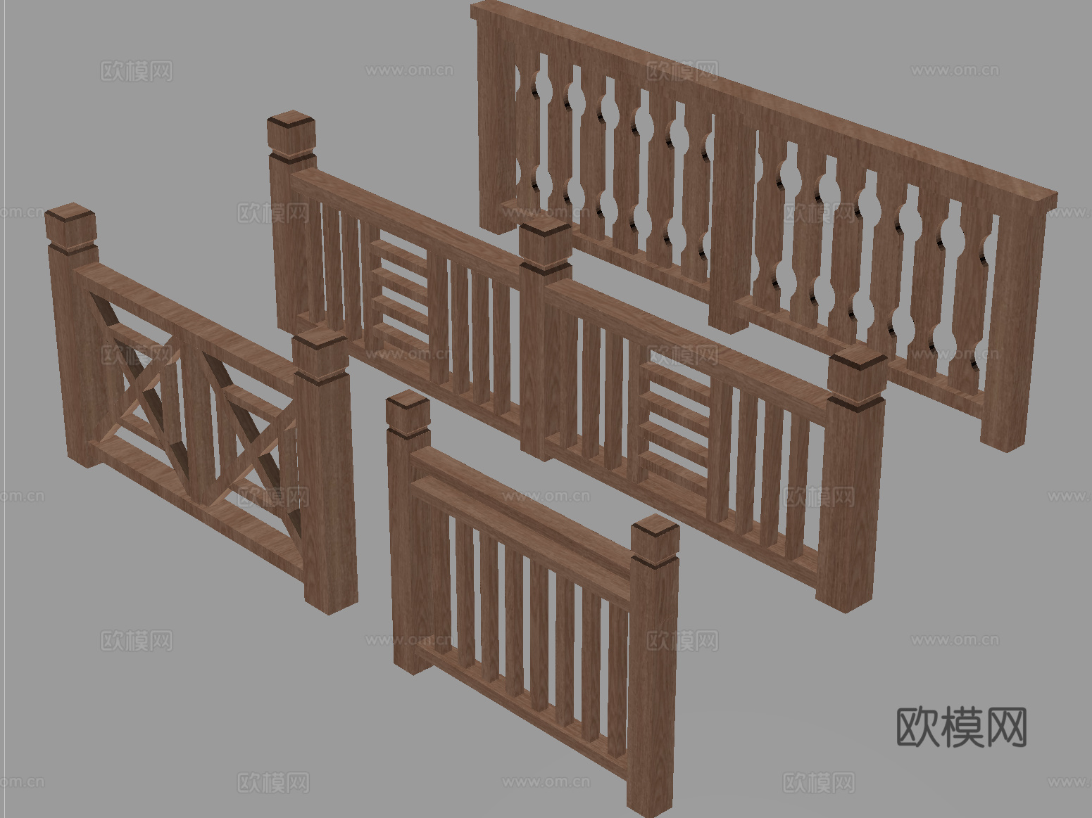 新中式栏杆护栏 栅栏围栏 实木围栏护栏su模型