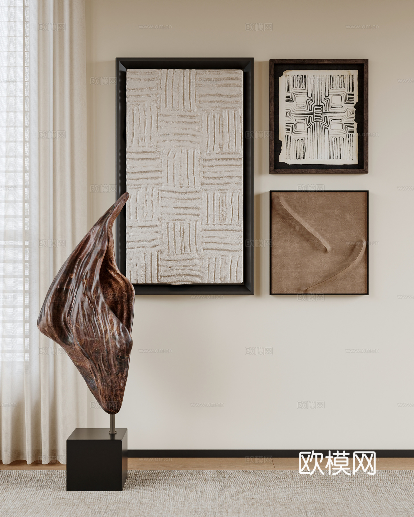 中古挂画组合 雕塑 立体挂画 装饰画 抽象画免费3d模型