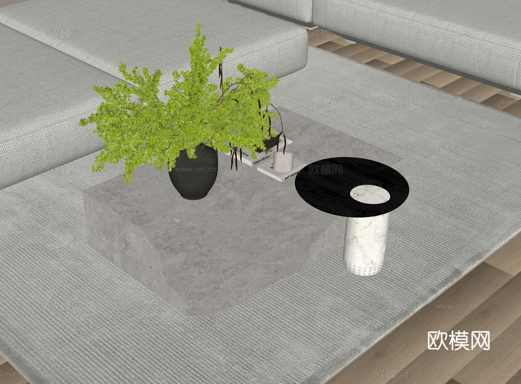 现代茶几 石材茶几 岩石茶几 茶几摆件 绿植摆件 侘寂风茶几su模型