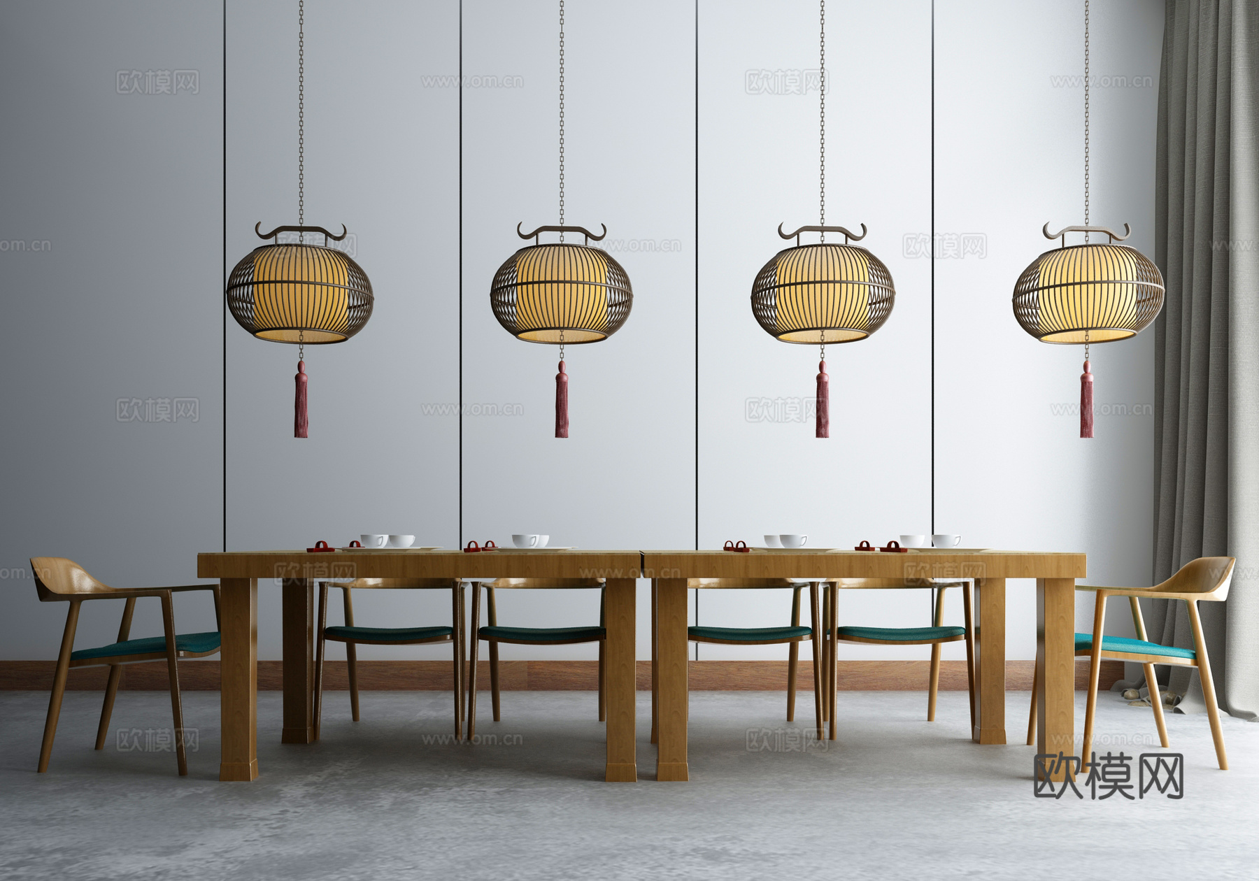 新中式实木餐桌竹编吊灯组合3d模型
