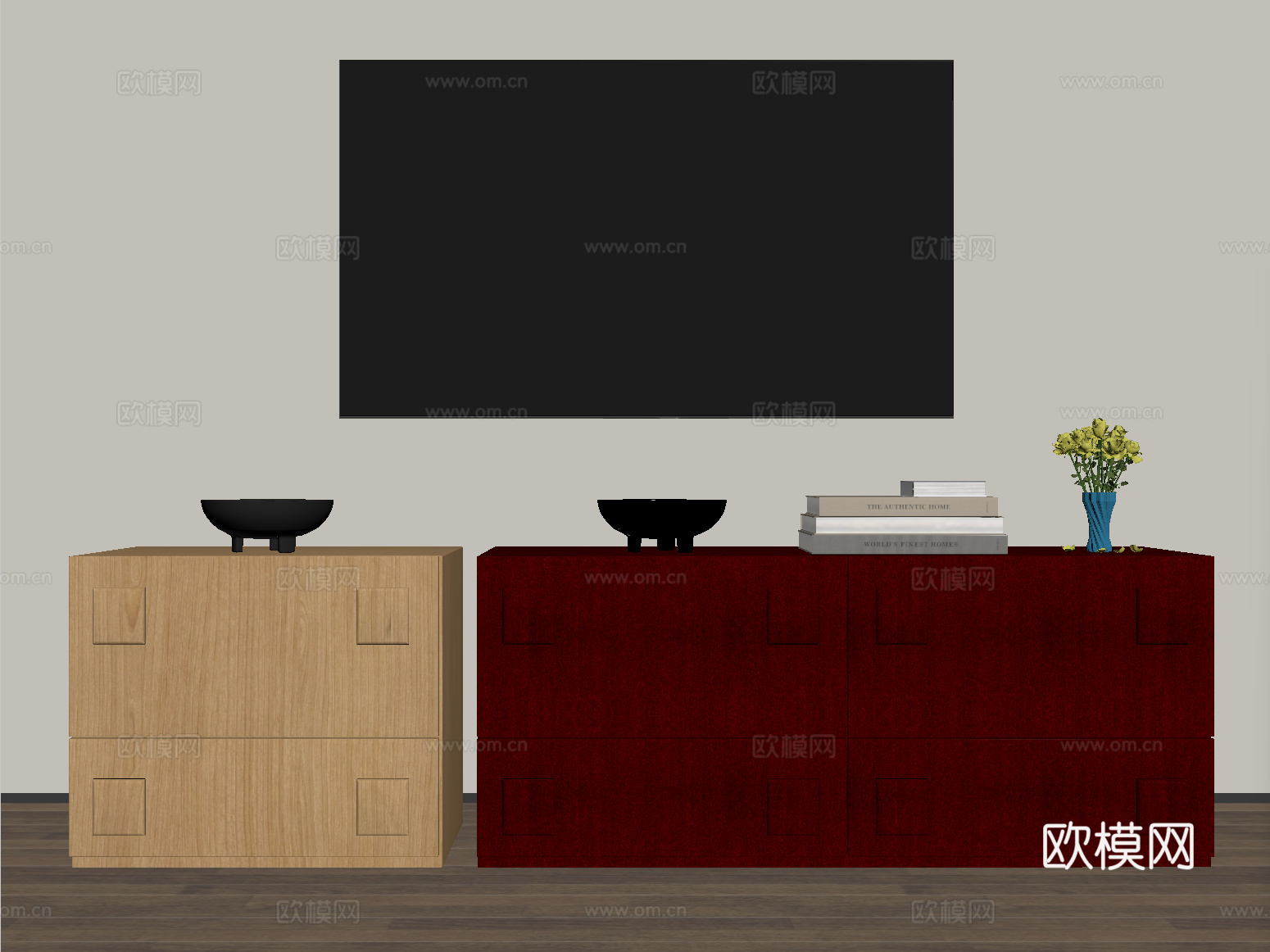 侘寂中古电视柜 边柜 电视 实木电视柜su模型下载（渲染图2）