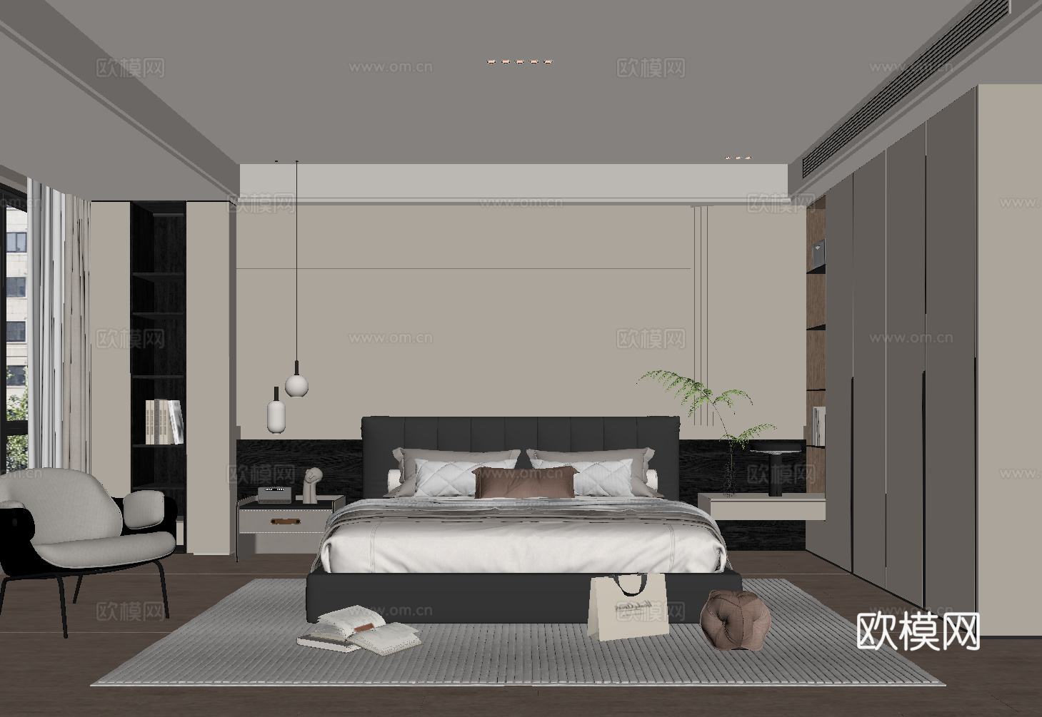 现代简约卧室 主卧 双人床 衣柜su模型