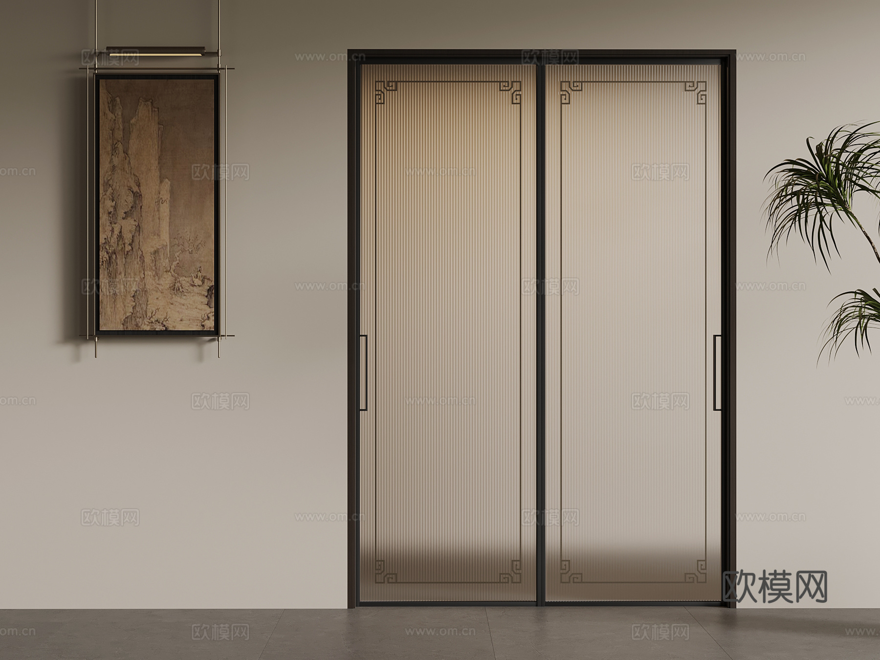 新中式双开门 玻璃门su模型