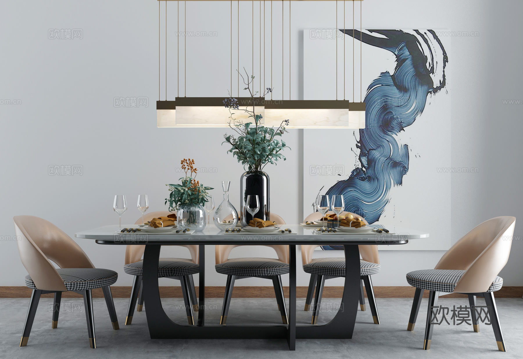 北欧现代北欧餐厅餐桌椅组合3d模型下载（渲染图1）