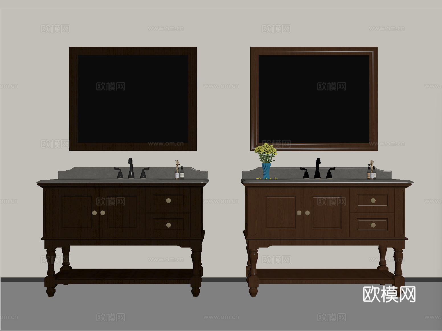 法式中古落地浴室柜 卫浴柜 镜子 壁灯su模型