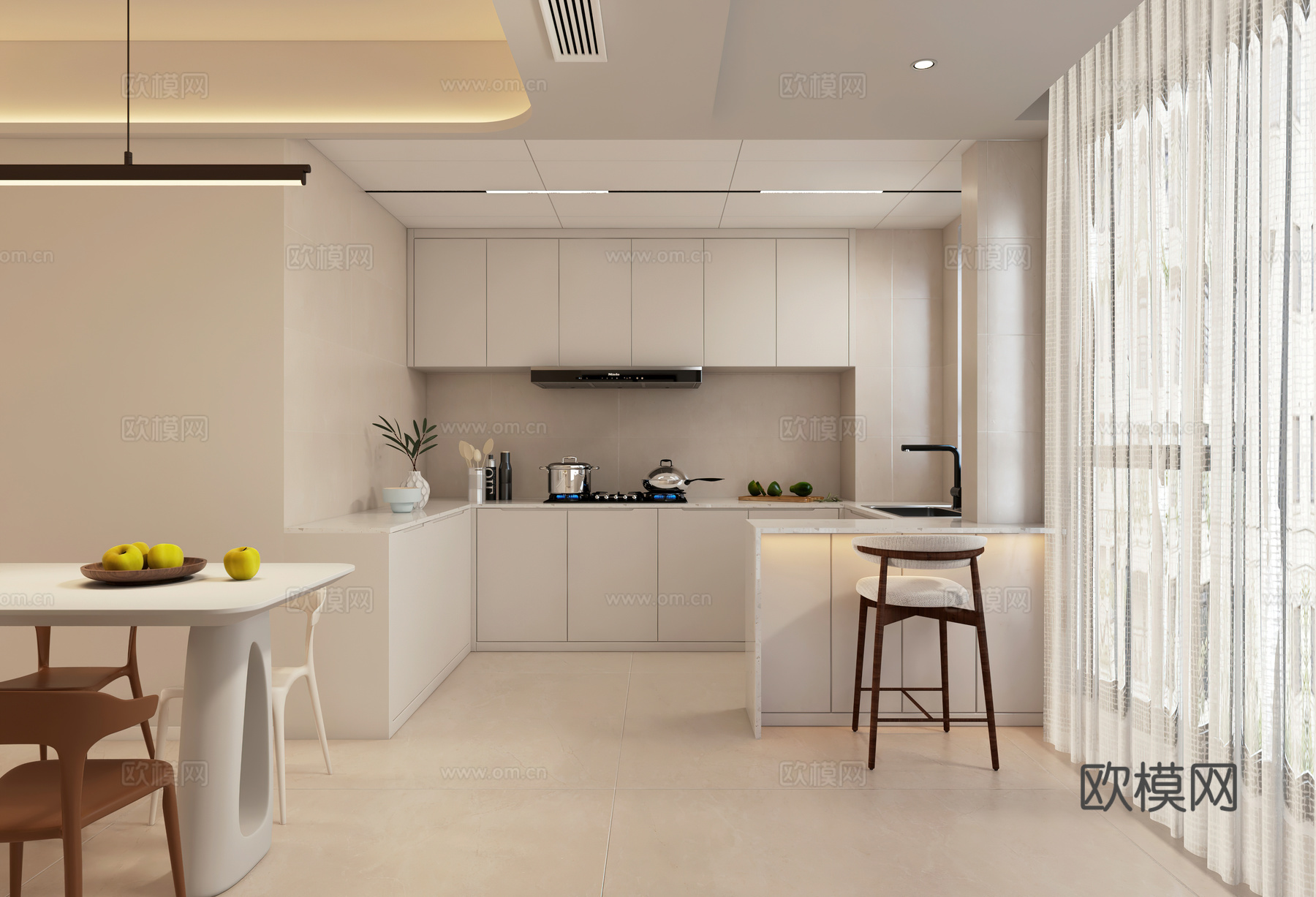 奶油风客餐厅 开放厨房3d模型