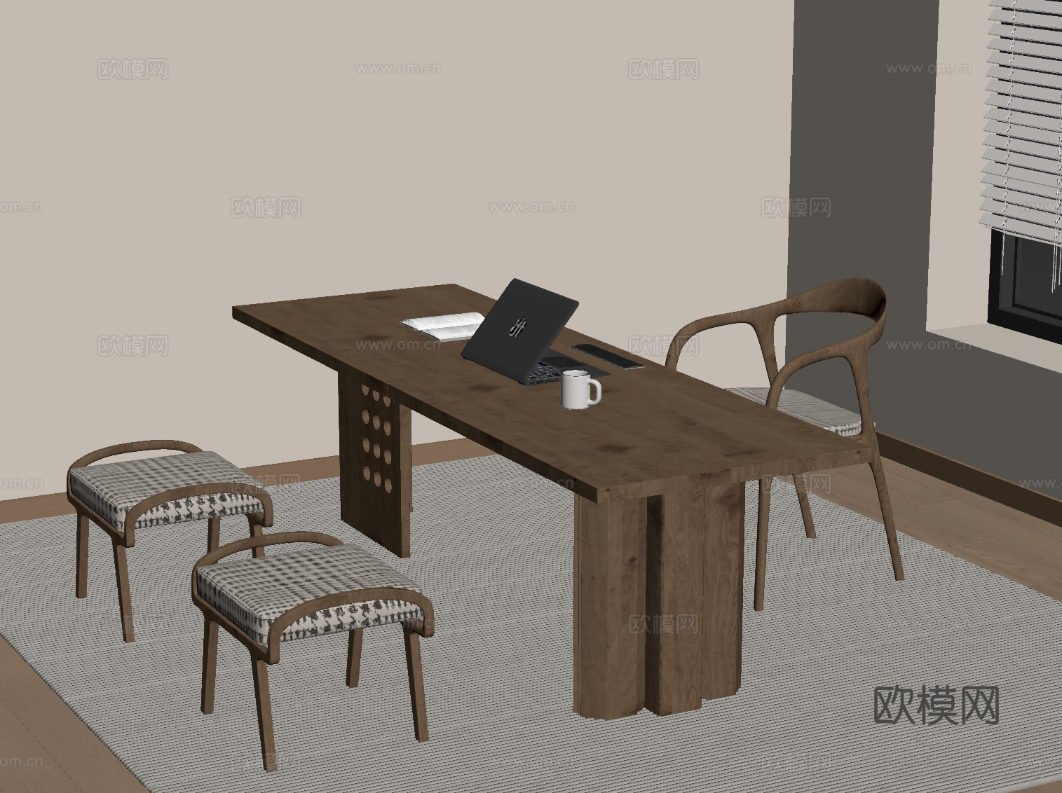 中古风书桌椅su模型