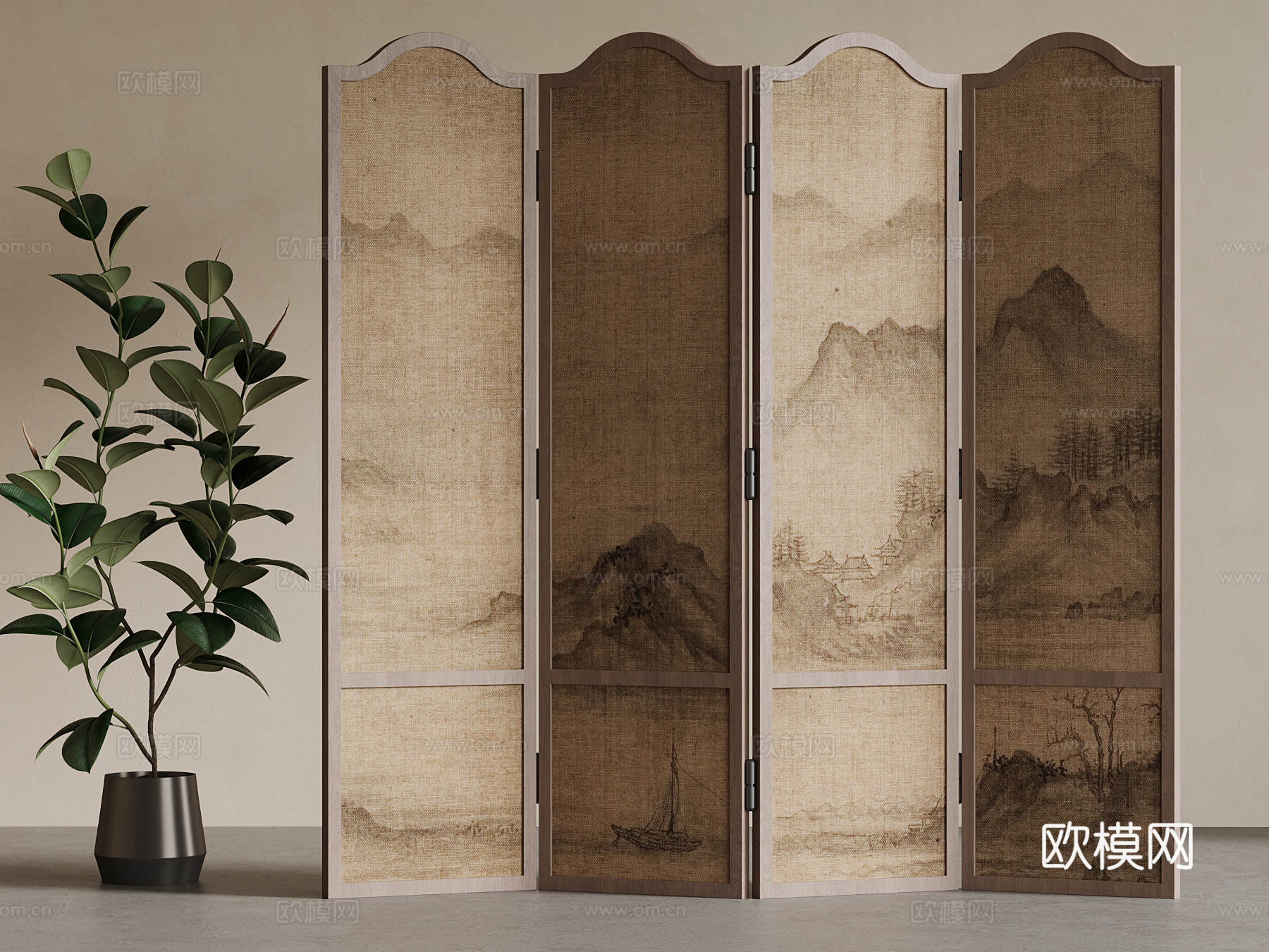 现代中古风屏风 隔断su模型