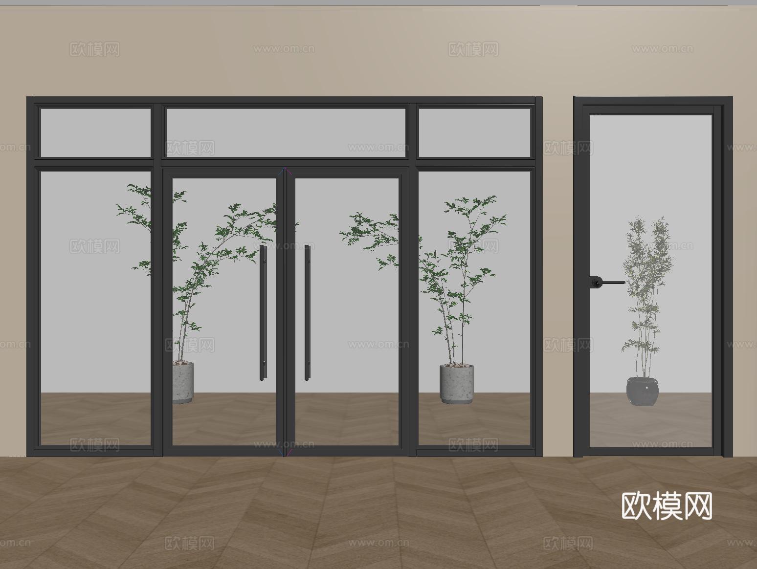 现代双开玻璃门 单开玻璃门 办公室玻璃门su模型