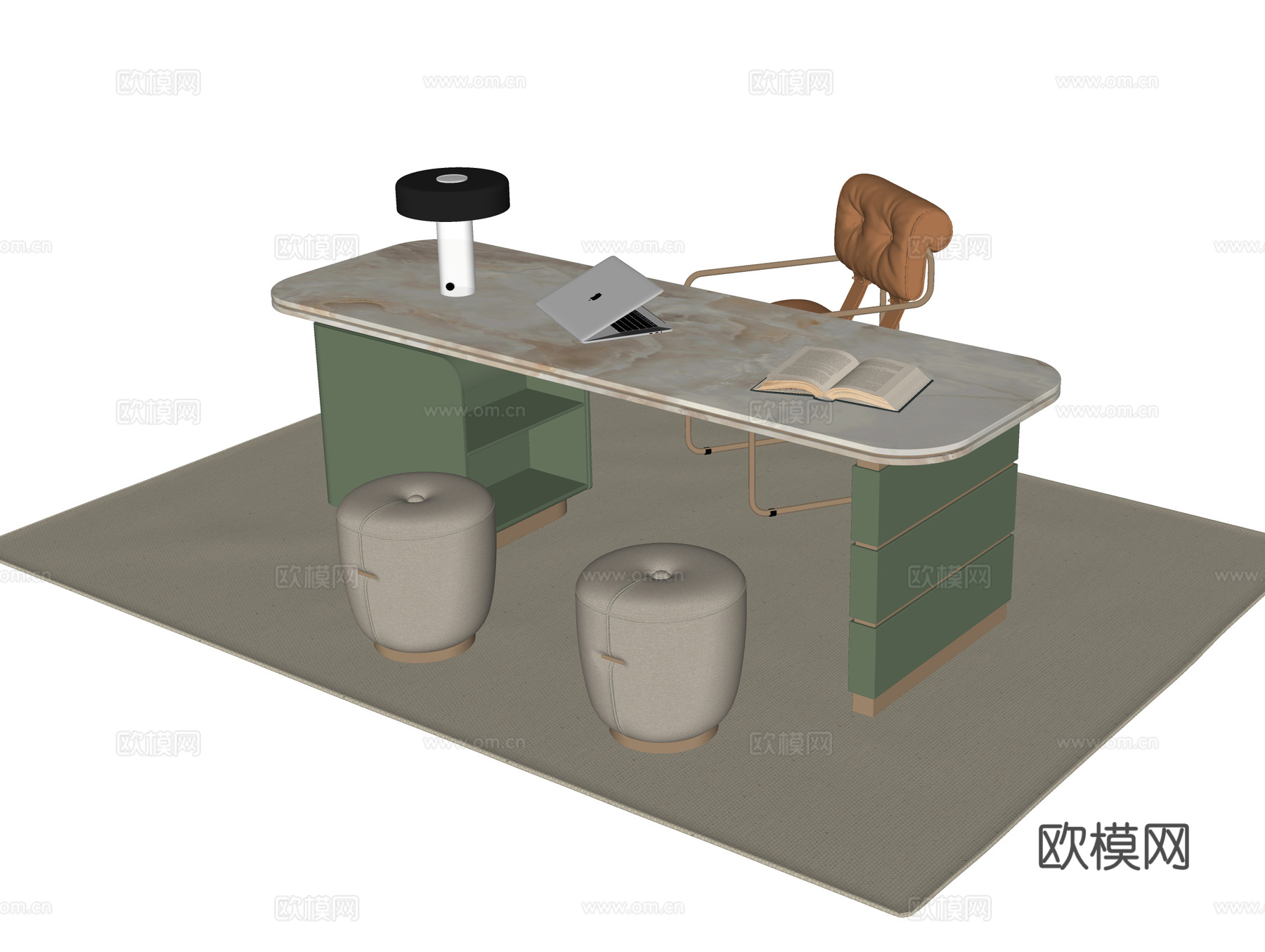现代书桌椅 书桌 凳子su模型下载（渲染图2）