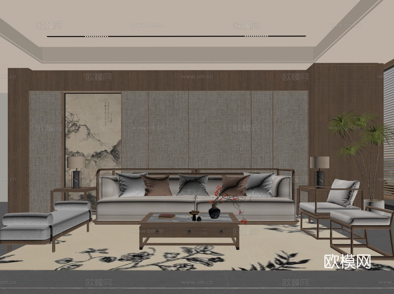 新中式客厅 背景墙 沙发茶几组合su模型