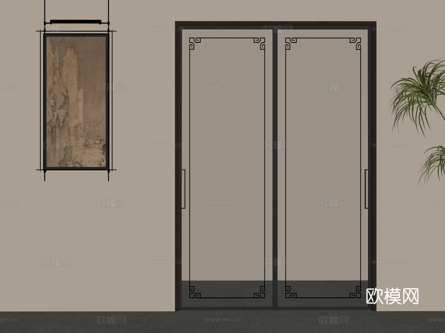 新中式双开门 玻璃门su模型