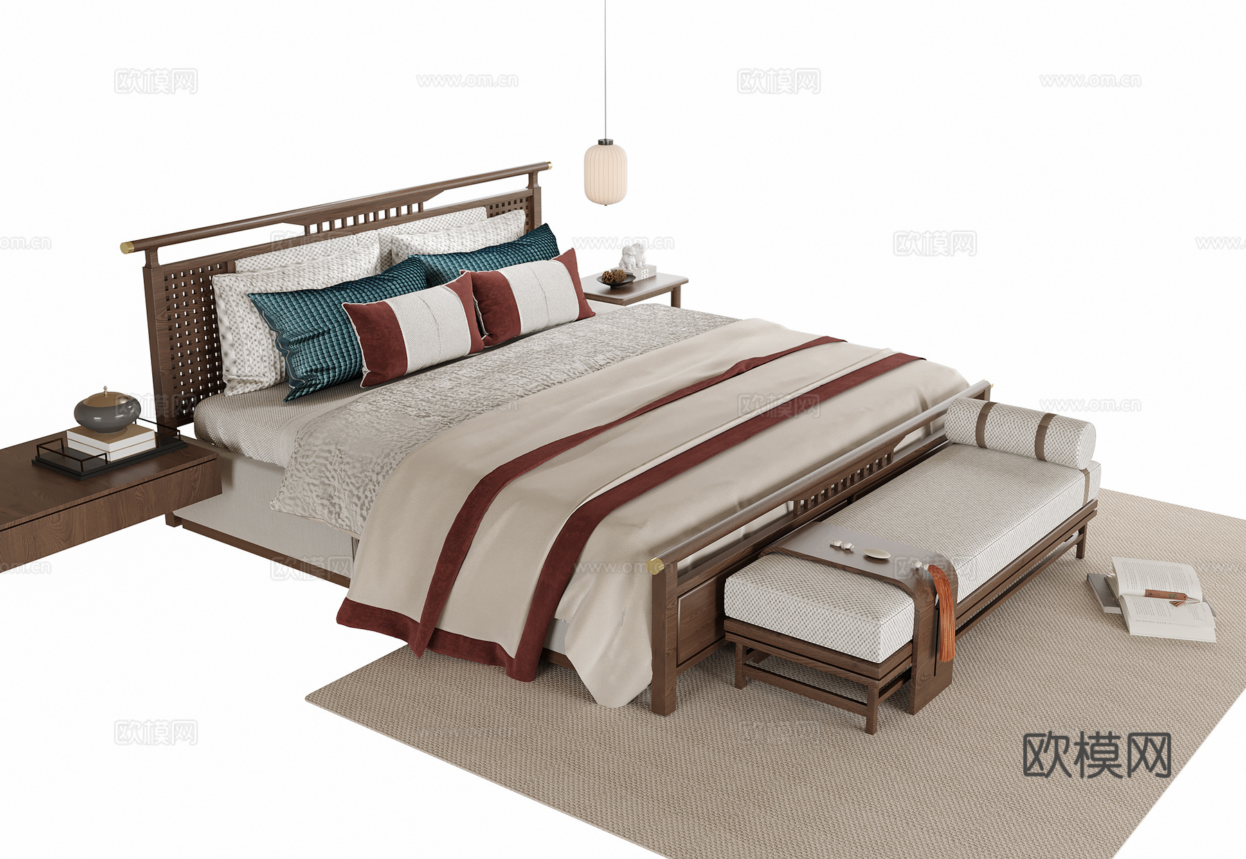 新中式双人床 床尾凳su模型