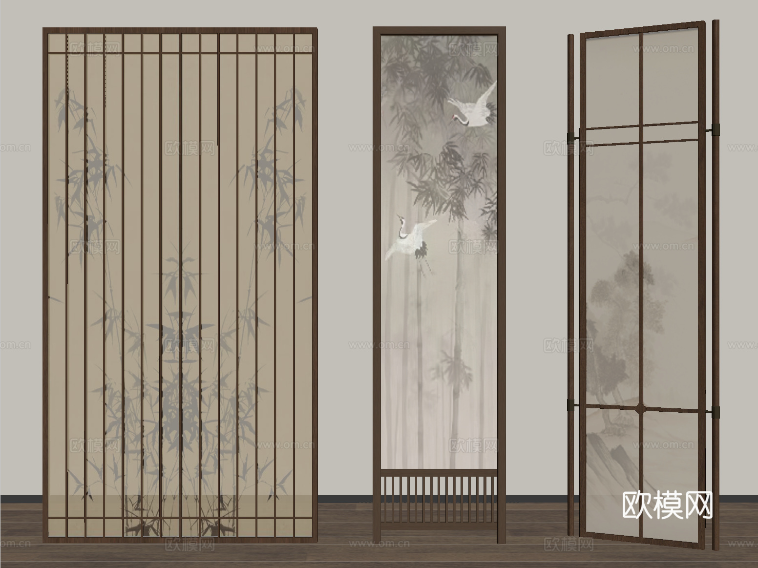新中式屏风隔断 木屏风 格栅屏风su模型