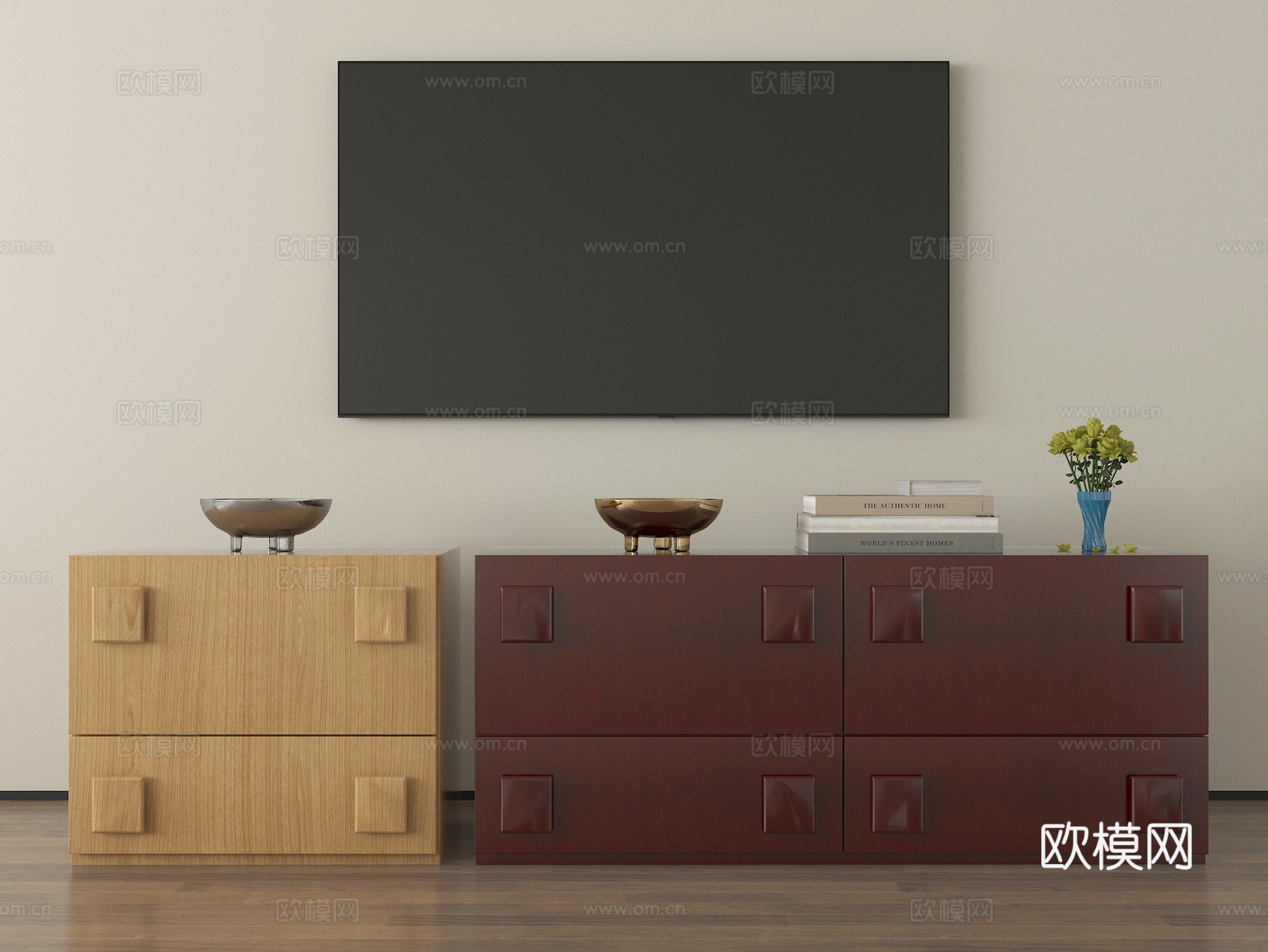 侘寂中古电视柜 边柜 电视 实木电视柜su模型下载（渲染图1）