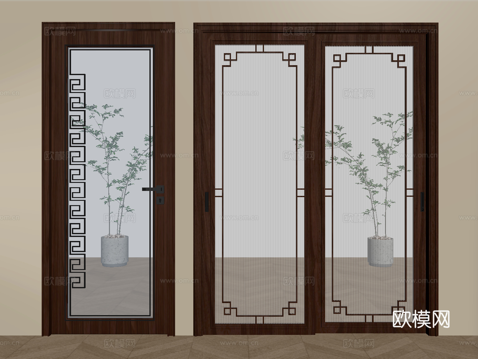 新中式长虹玻璃门 平开门 推拉门 厨卫门 阳台门su模型