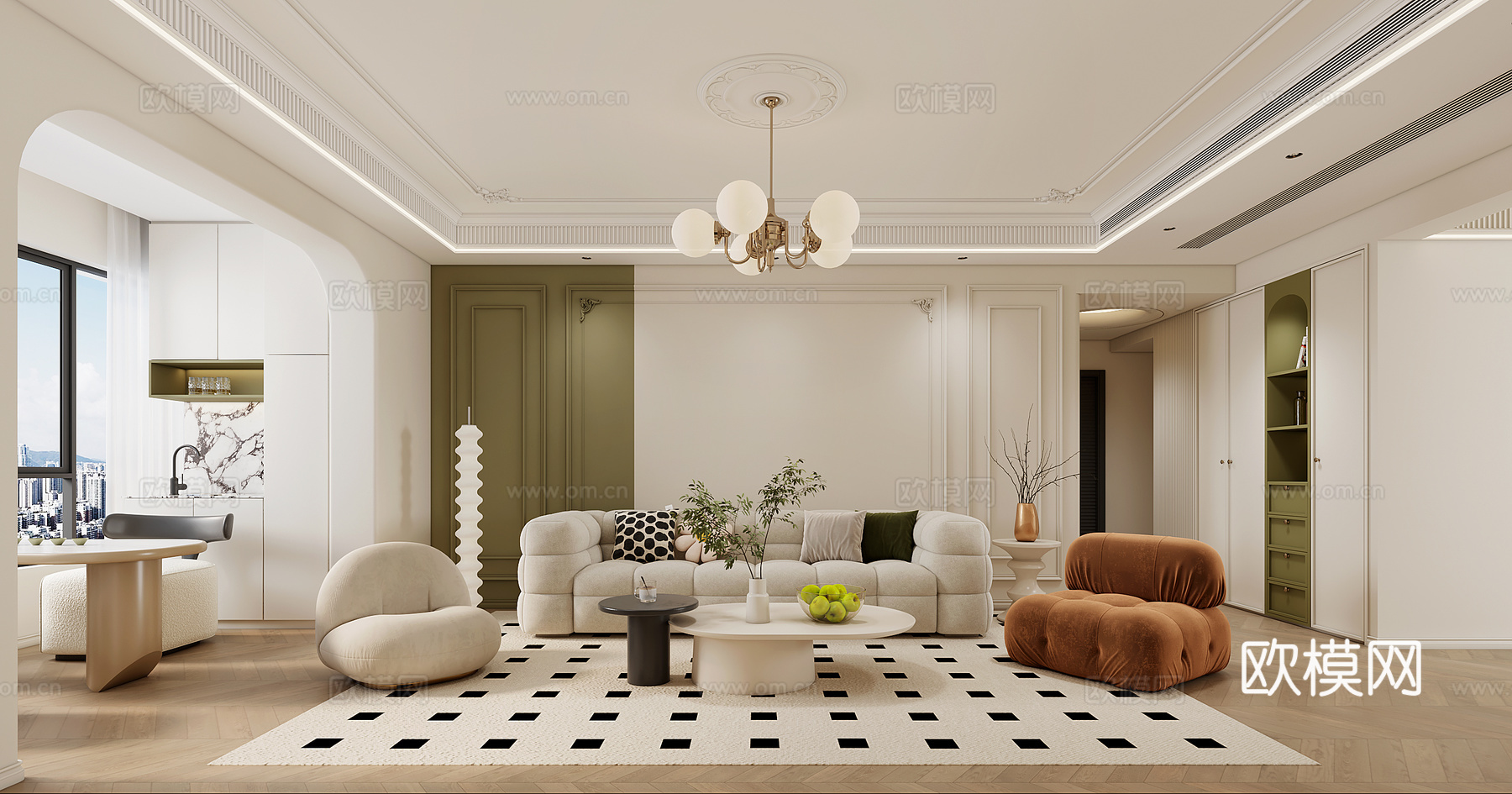 法式奶油客厅  法式客厅 奶油客厅 奶油沙发 法式吊灯3d模型下载（渲染图1）