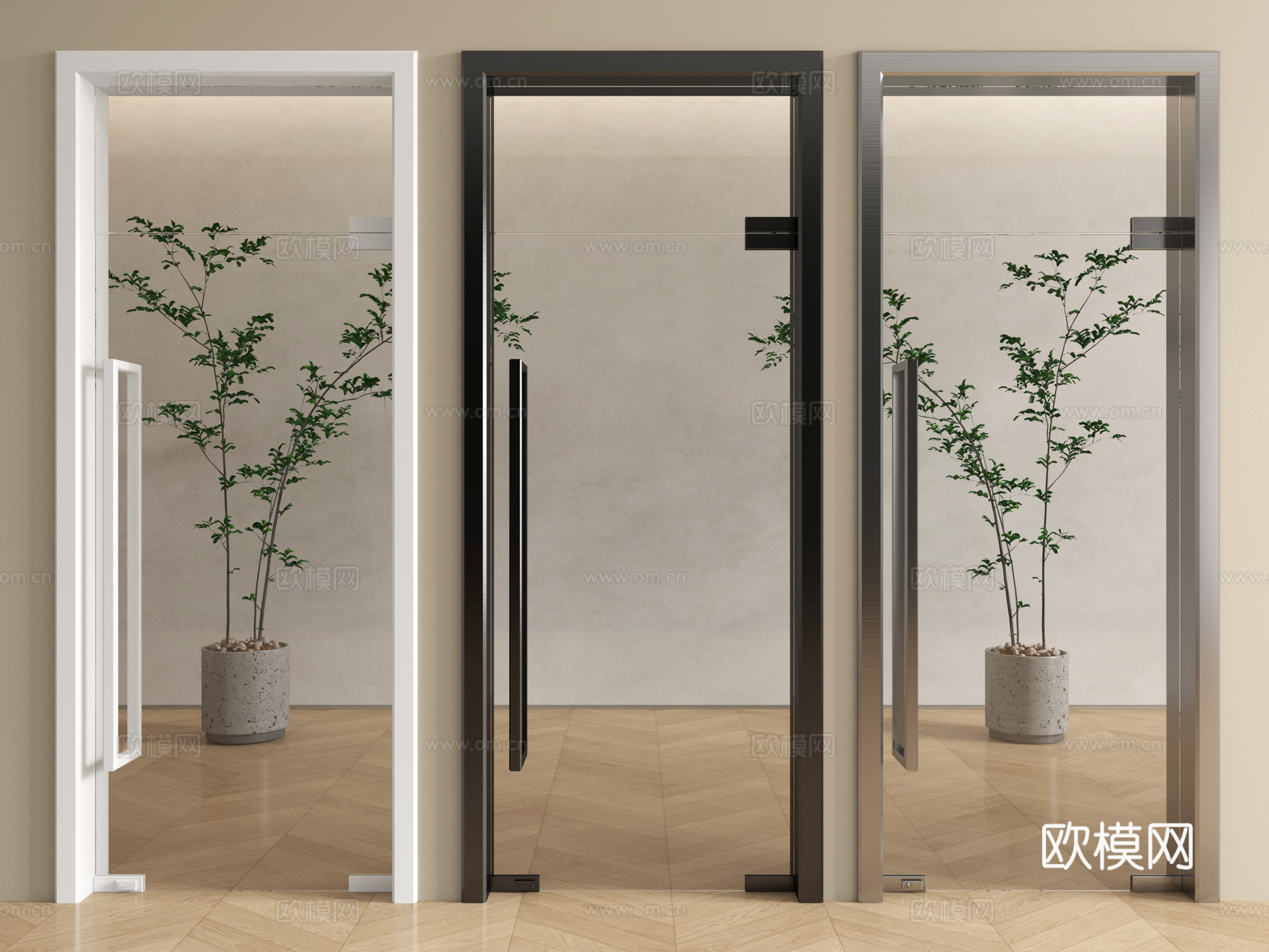 现代办公玻璃门 玻璃单开门su模型