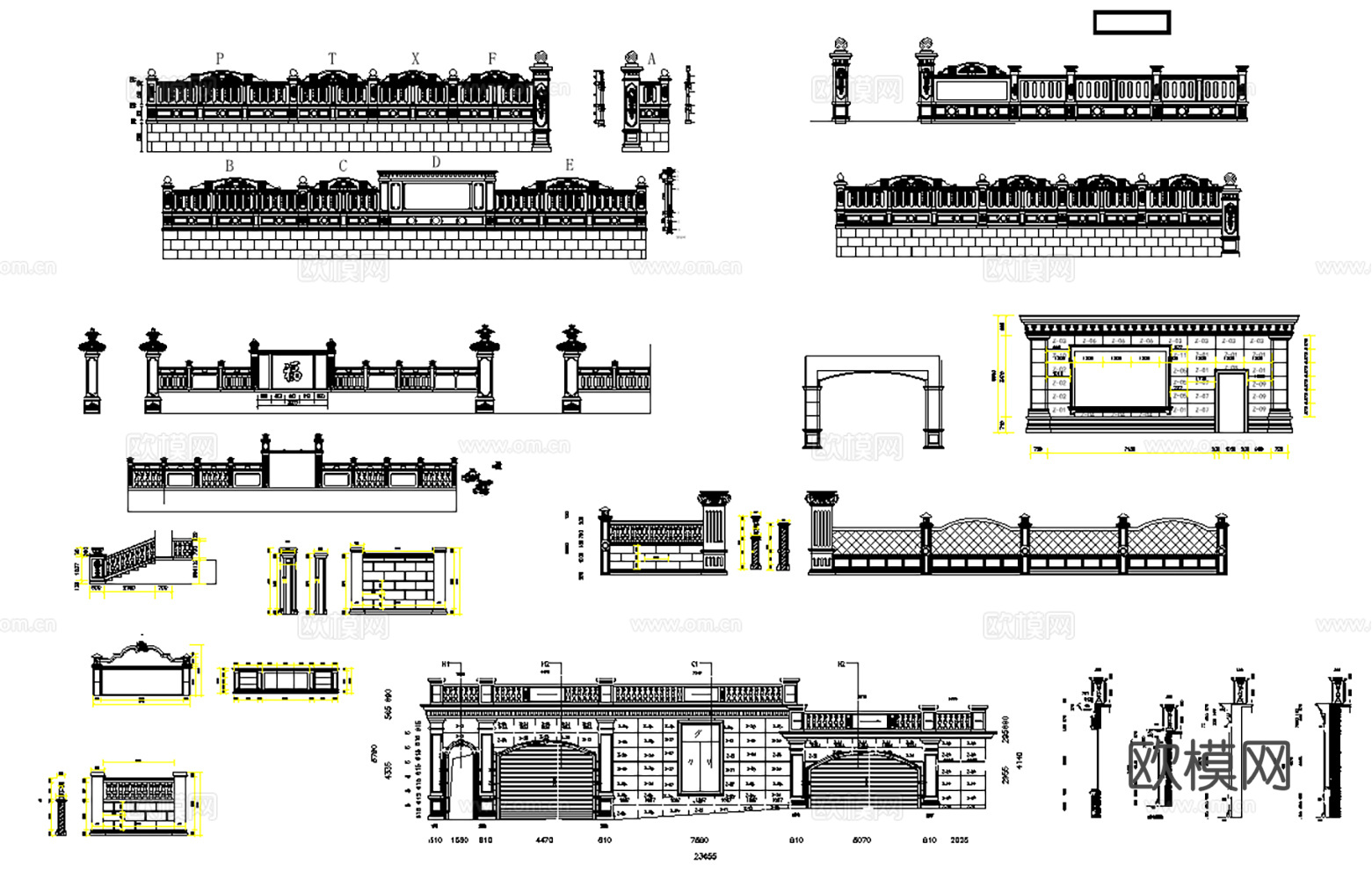 喷泉、栏杆、围墙、大理石门头景观构件CAD图库30套cad施工图