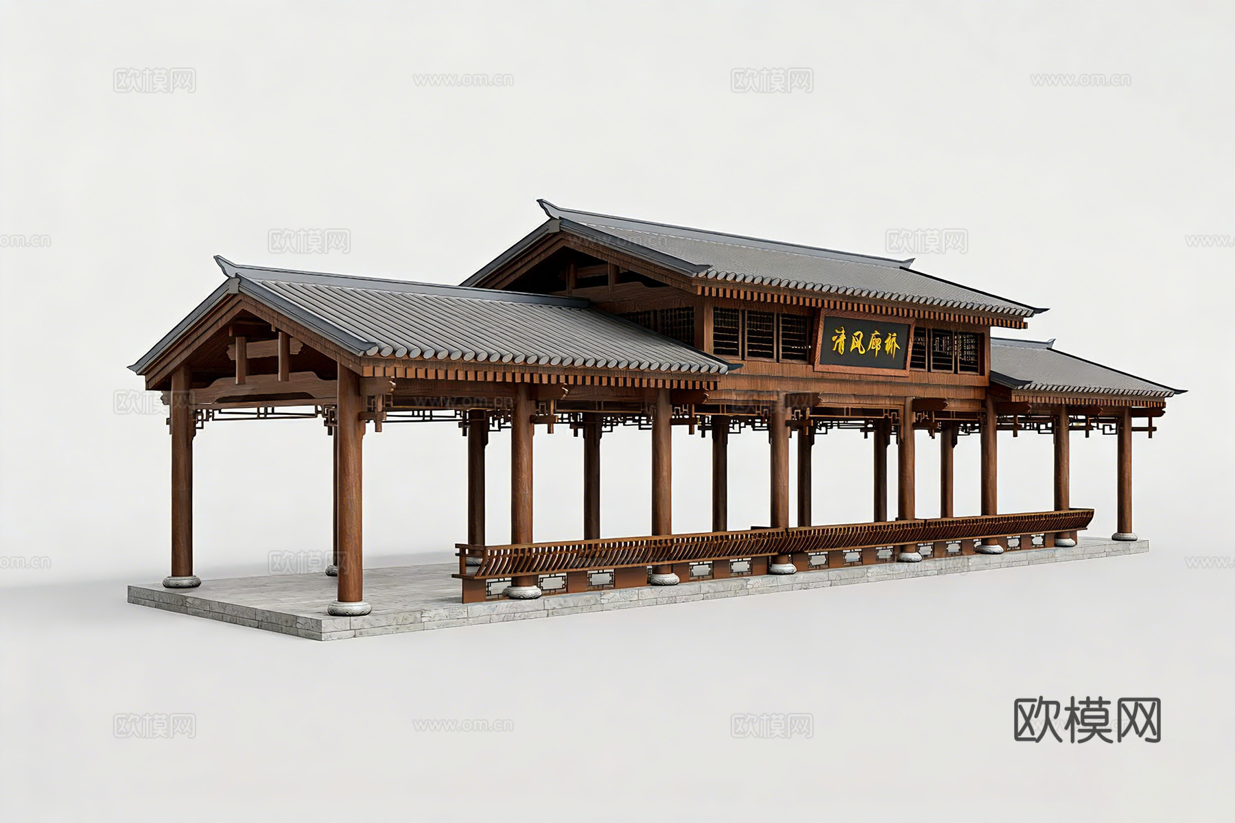中式廊桥 木结构风雨连廊​ 园林古建长廊 清风廊桥建筑模型​su模型