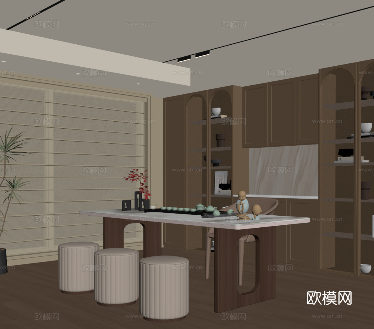 中古风书桌 书柜su模型下载（渲染图2）