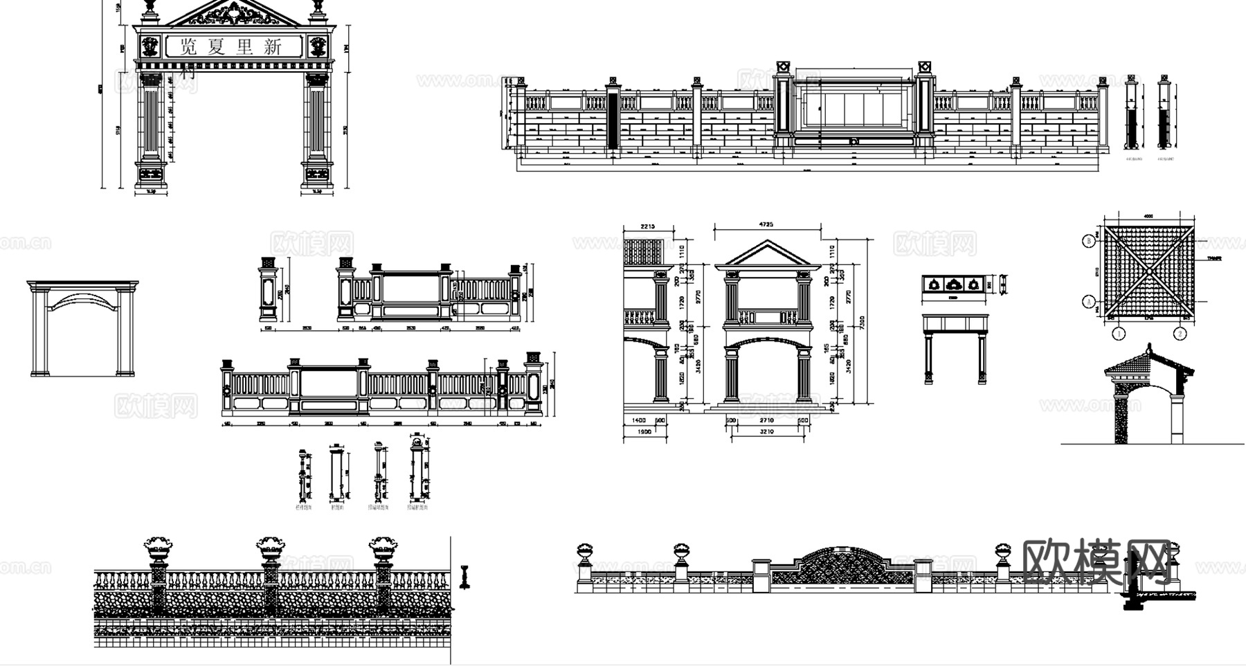喷泉、栏杆、围墙、大理石门头景观构件CAD图库30套cad施工图