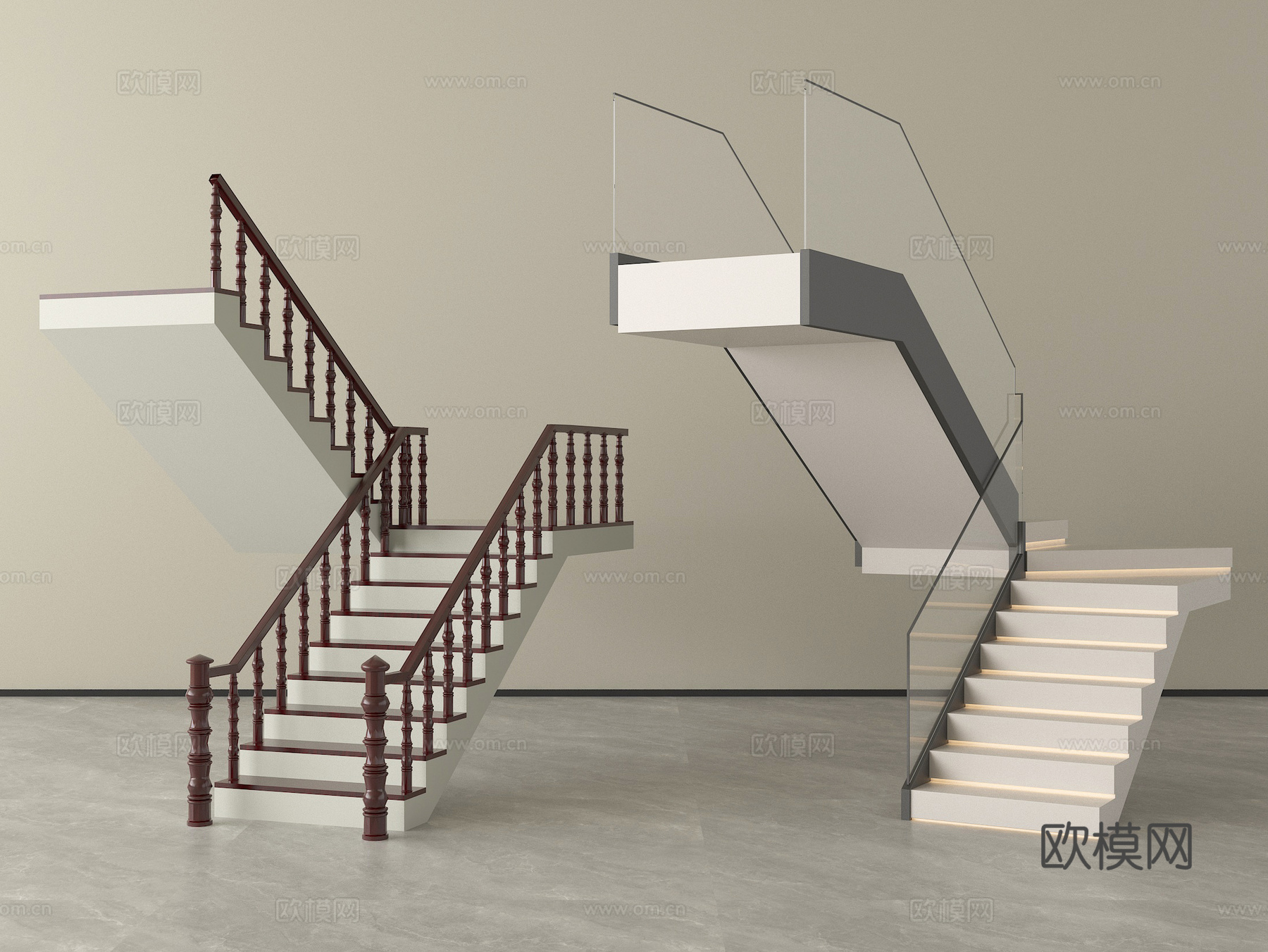 新中式楼梯扶手梯 楼梯栏杆护栏 玻璃转角楼梯护栏su模型