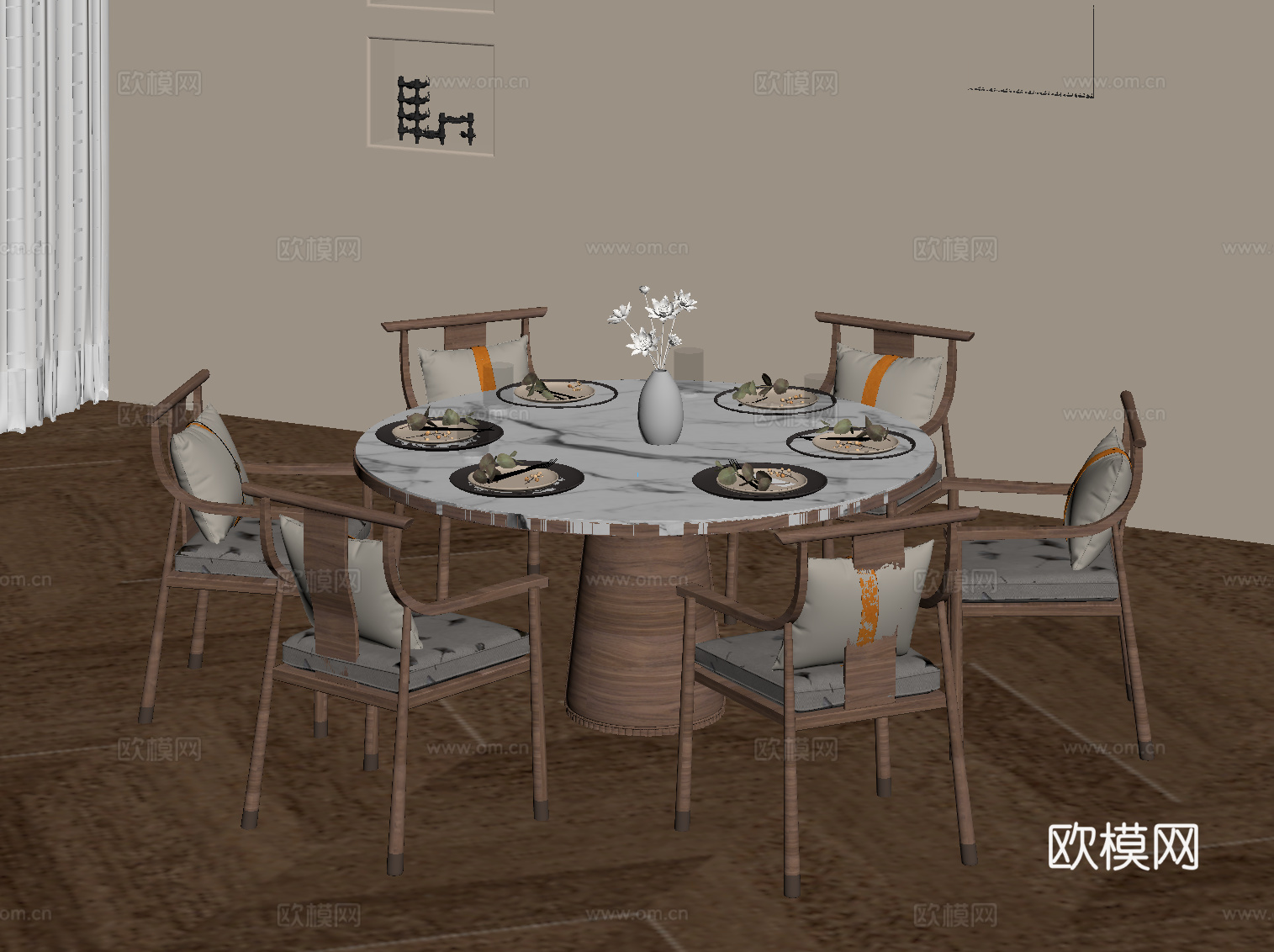 中古风圆桌椅su模型