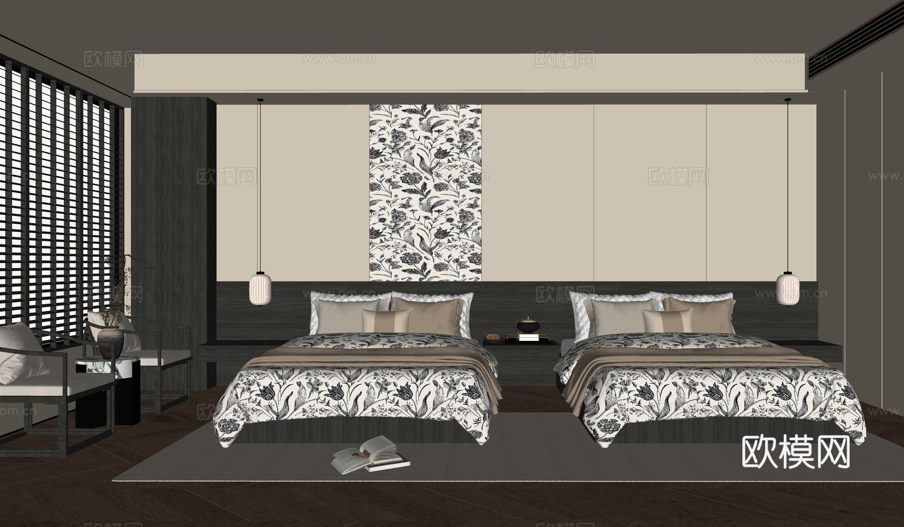 新中式卧室 双人床 床尾凳su模型