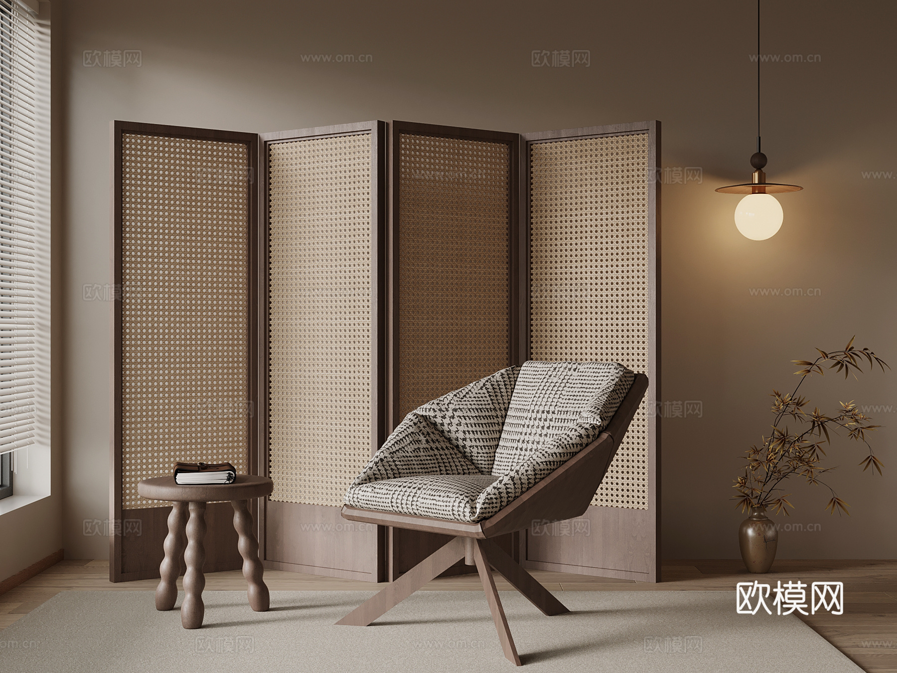 现代中古风休闲椅 屏风 隔断su模型