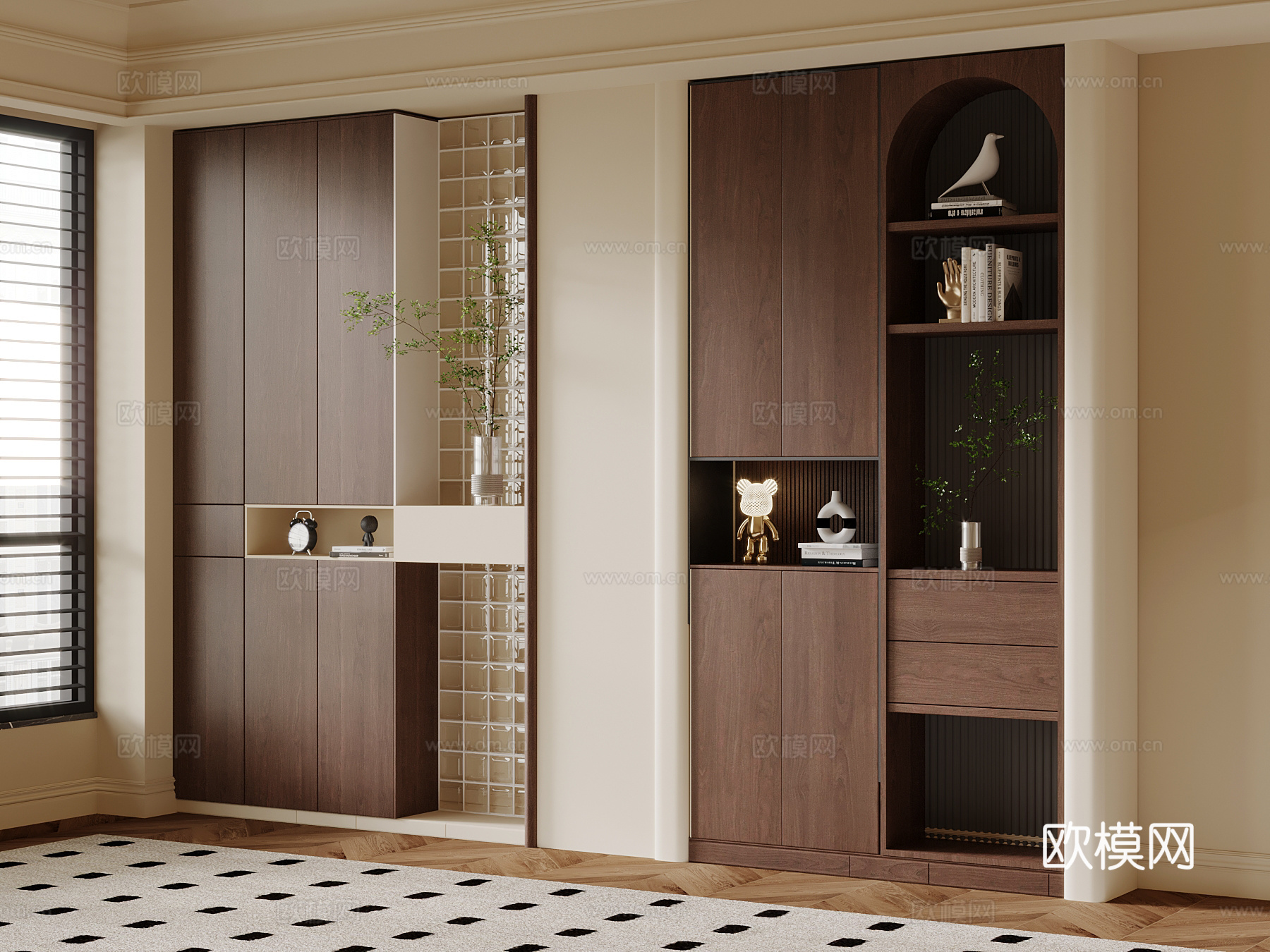 奶油中古风玄关鞋柜su模型