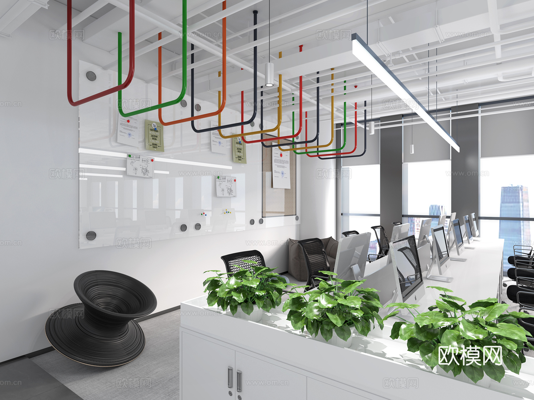 现代公共办公室 办公桌椅 办公柜 烤漆玻璃写字板3d模型