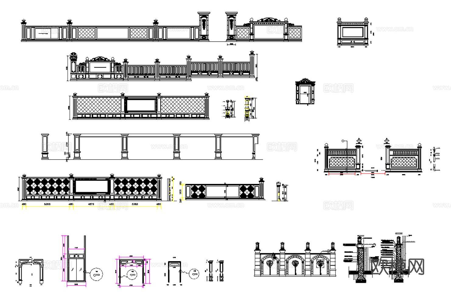 喷泉、栏杆、围墙、大理石门头景观构件CAD图库30套cad施工图