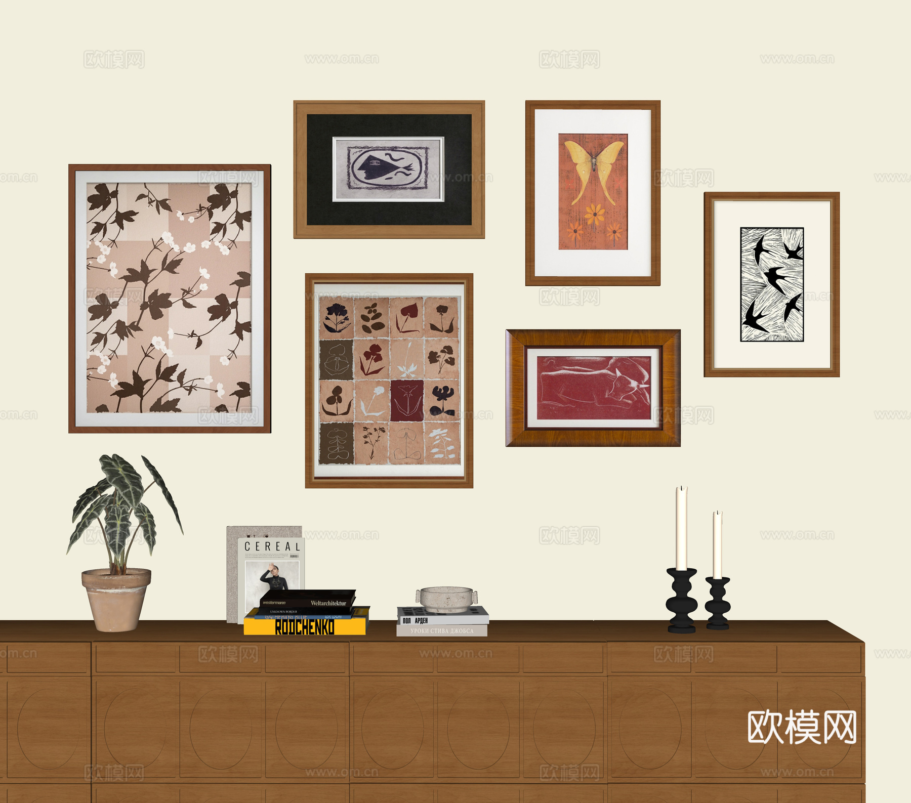 法式中古挂画组合 书籍摆件su模型