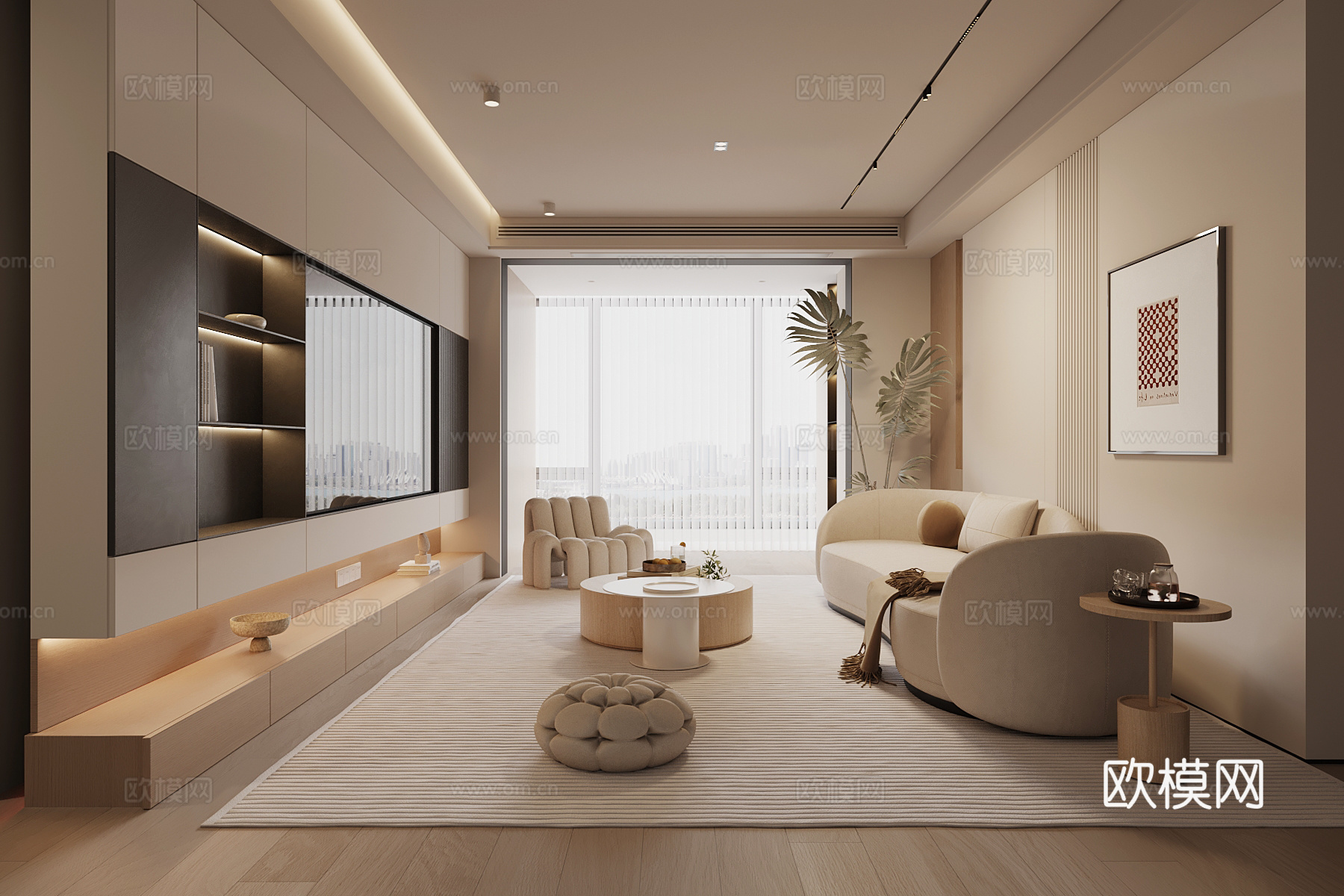 现代奶油风客厅su模型